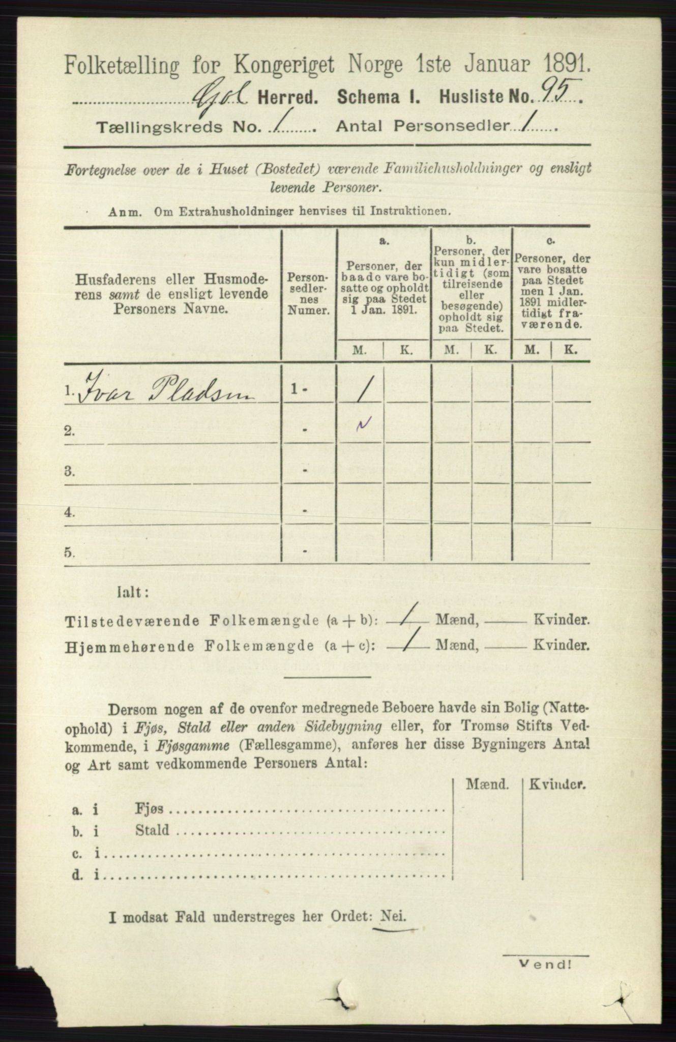 RA, 1891 census for 0617 Gol og Hemsedal, 1891, p. 122