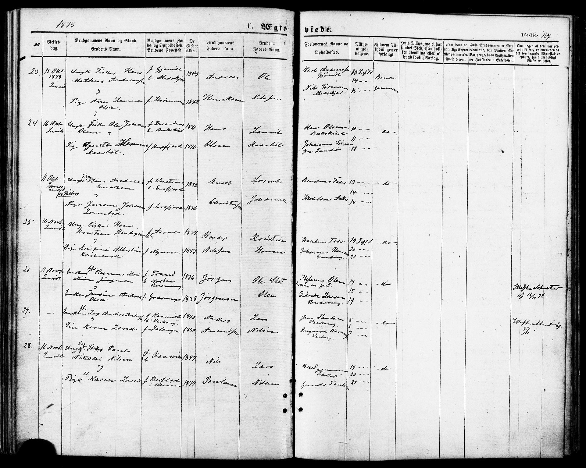 Lenvik sokneprestembete, SATØ/S-1310/H/Ha/Haa/L0010kirke: Parish register (official) no. 10, 1873-1880, p. 157