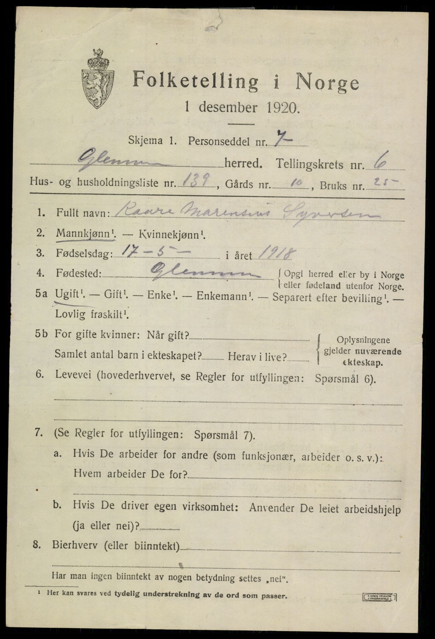 SAO, 1920 census for Glemmen, 1920, p. 21051