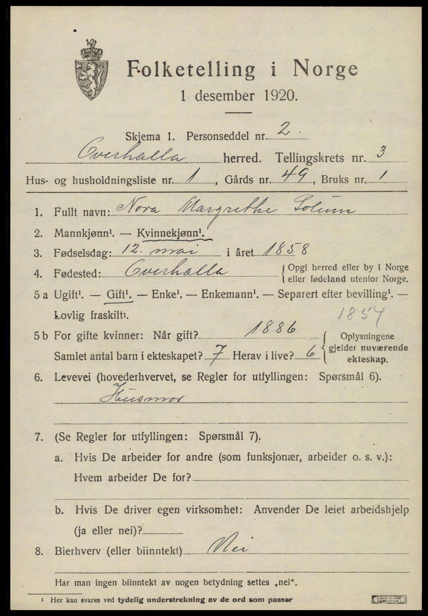 SAT, 1920 census for Overhalla, 1920, p. 2042