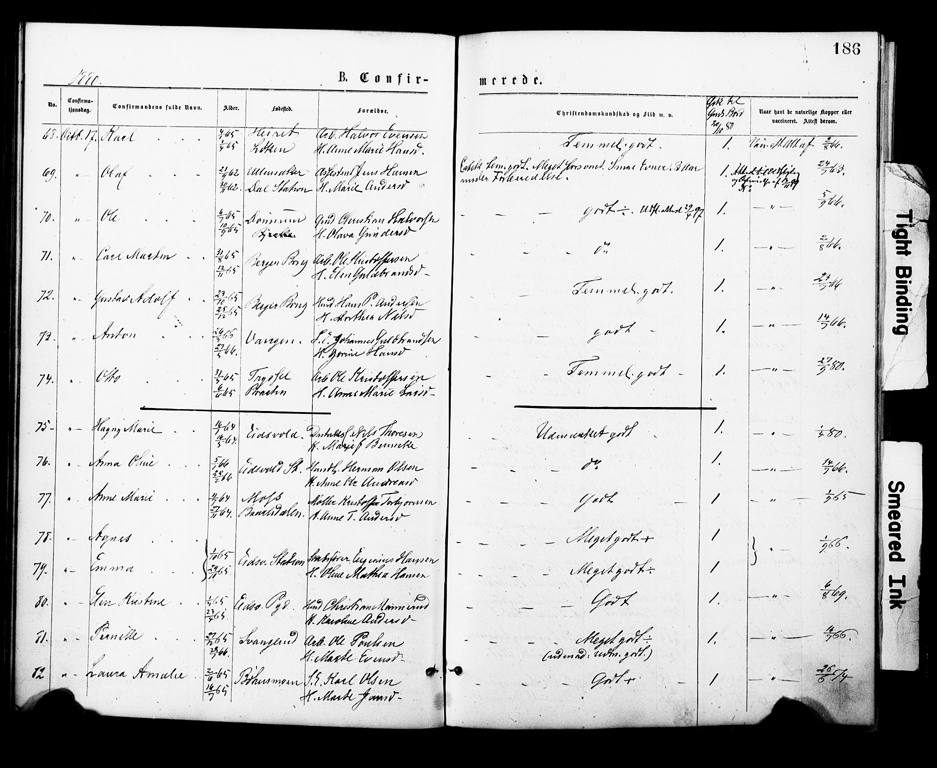 Eidsvoll prestekontor Kirkebøker, SAO/A-10888/F/Fa/L0001: Parish register (official) no. I 1, 1877-1881, p. 186