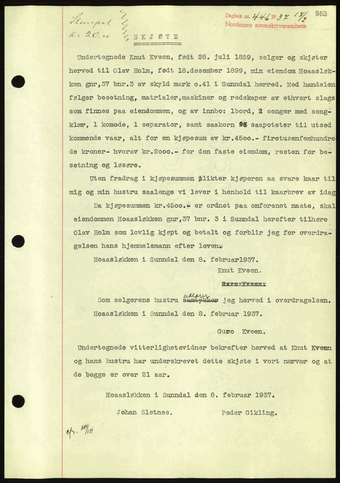 Nordmøre sorenskriveri, AV/SAT-A-4132/1/2/2Ca: Mortgage book no. A80, 1936-1937, Diary no: : 446/1937