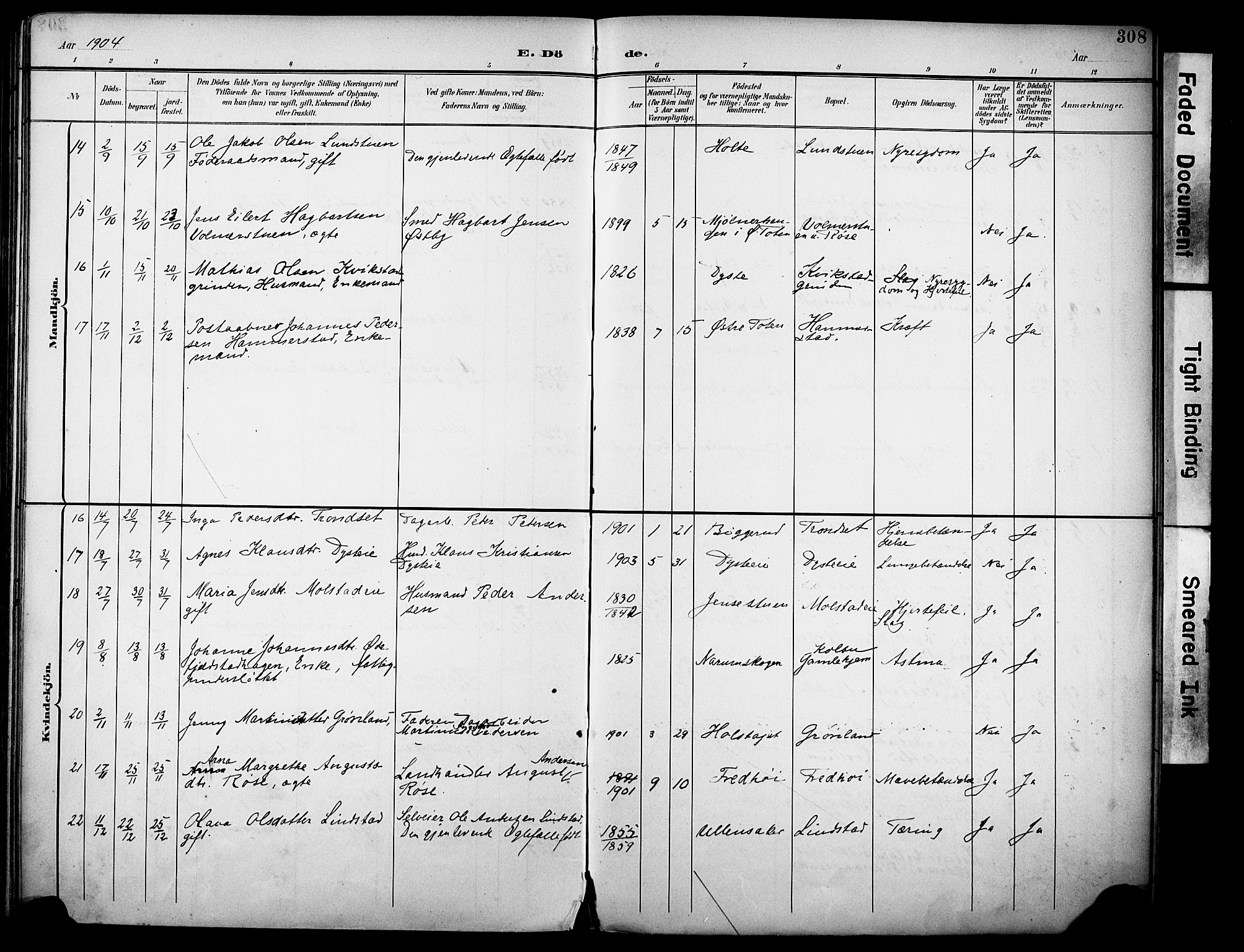 Vestre Toten prestekontor, SAH/PREST-108/H/Ha/Haa/L0013: Parish register (official) no. 13, 1895-1911, p. 308