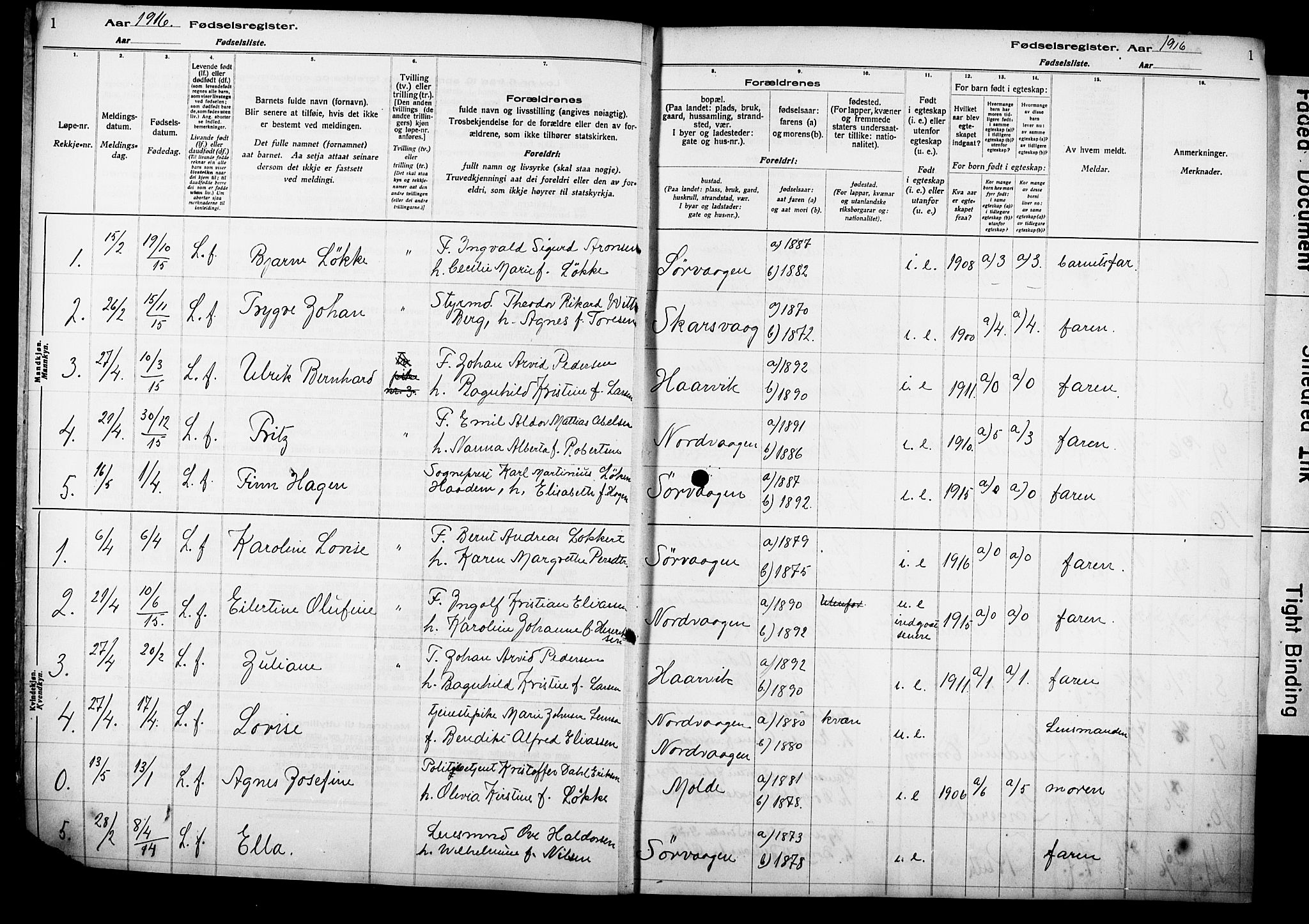 Kjelvik/Nordkapp sokneprestkontor, AV/SATØ-S-1350/I/Ia/L0015: Birth register no. 15, 1916-1930, p. 1