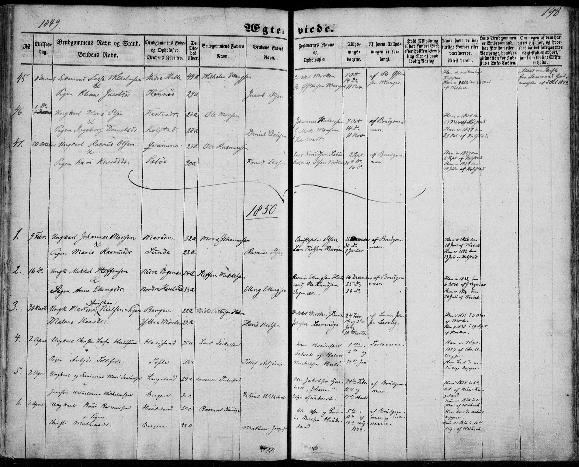 Manger sokneprestembete, SAB/A-76801/H/Haa: Parish register (official) no. A 6, 1849-1859, p. 198