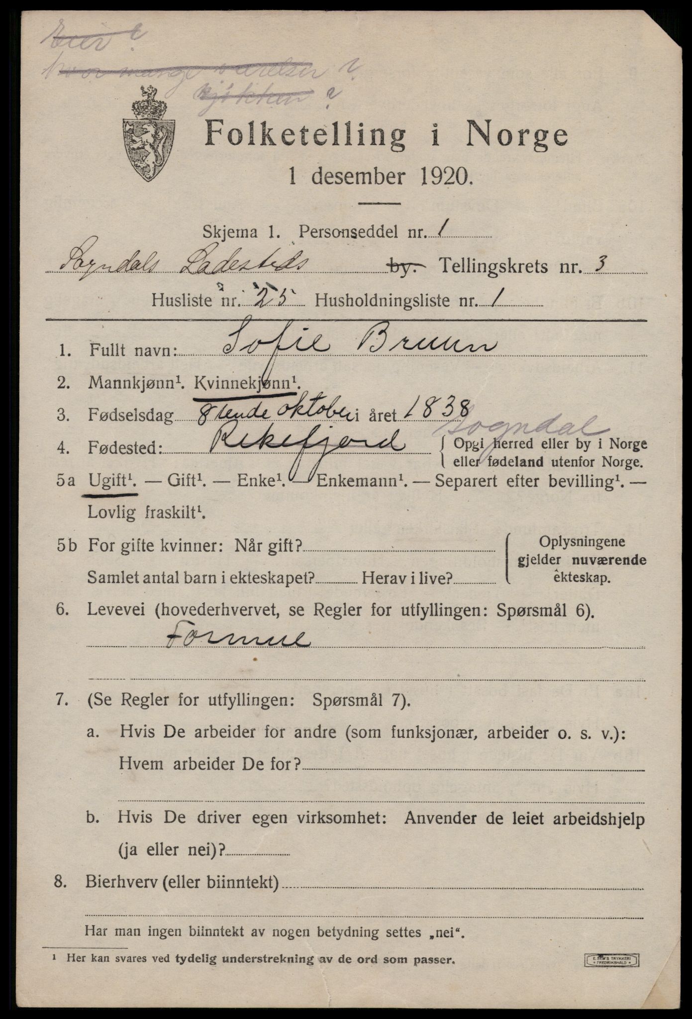 SAST, 1920 census for Sokndal town, 1920, p. 1147