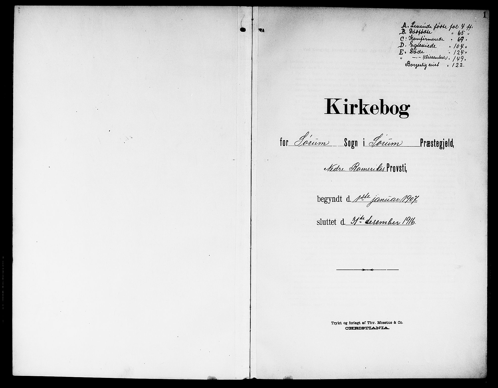 Sørum prestekontor Kirkebøker, SAO/A-10303/G/Ga/L0007: Parish register (copy) no. I 7, 1907-1917, p. 1