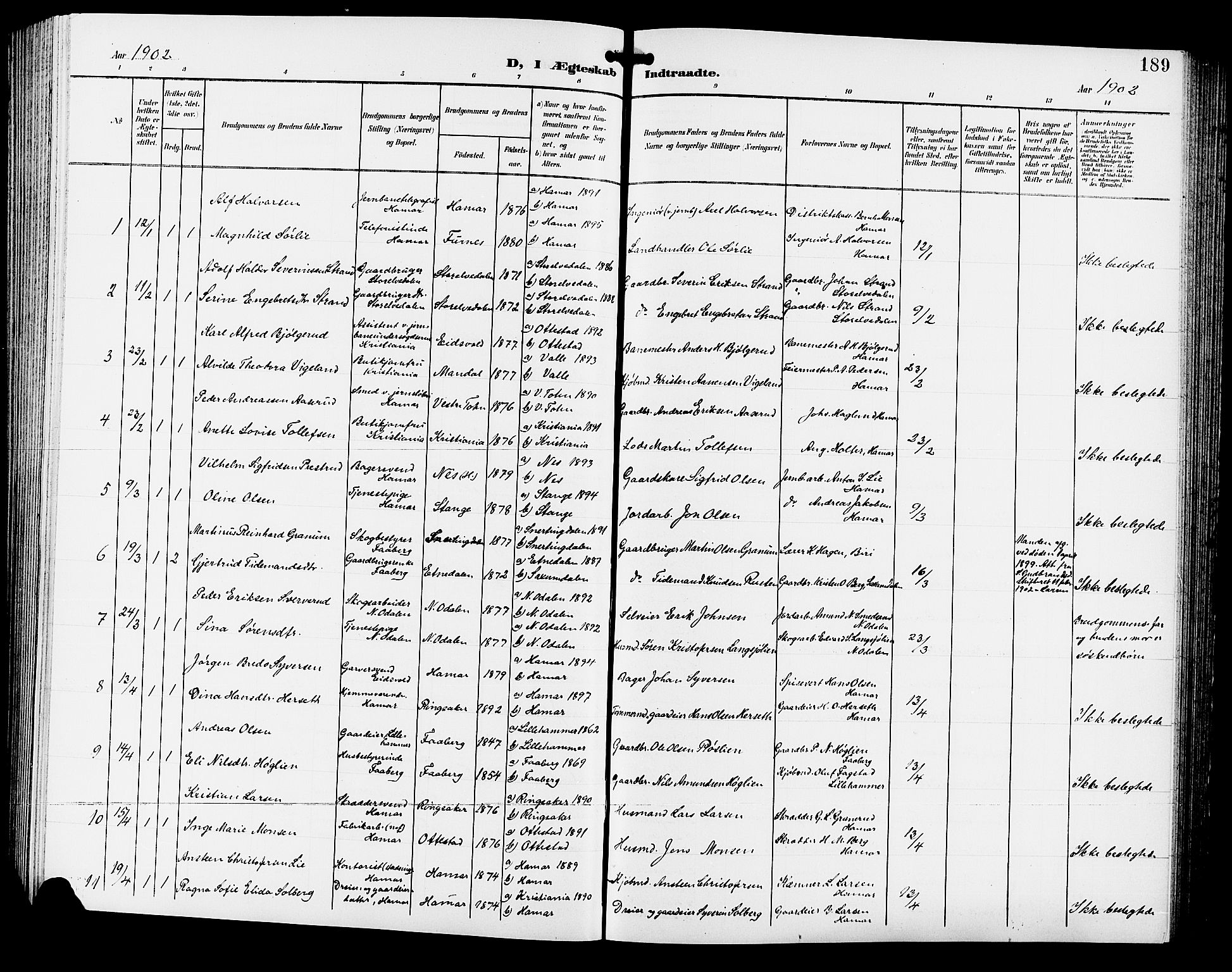 Hamar prestekontor, AV/SAH-DOMPH-002/H/Ha/Hab/L0001: Parish register (copy) no. 1, 1899-1914, p. 189