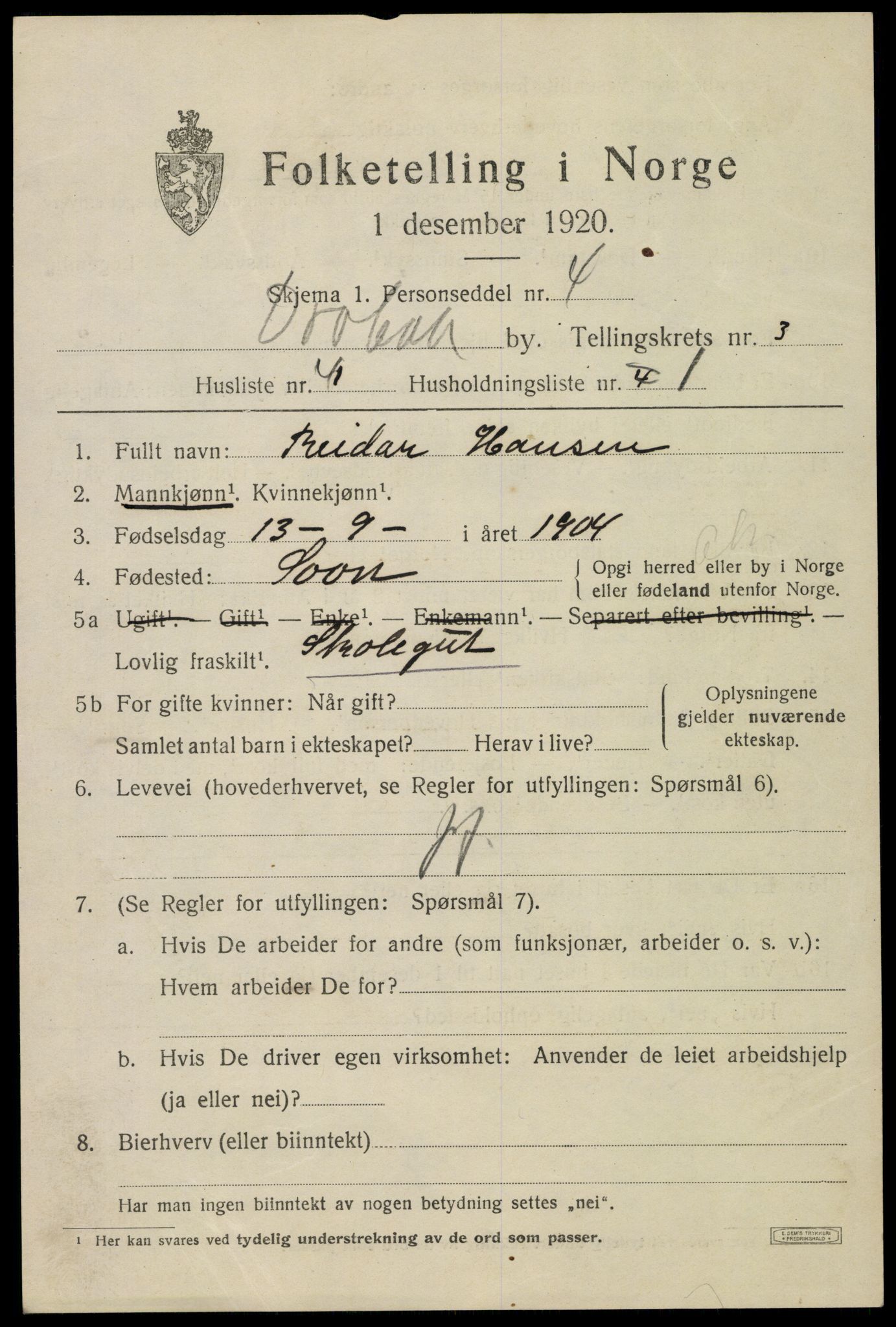 SAO, 1920 census for Drøbak, 1920, p. 3419