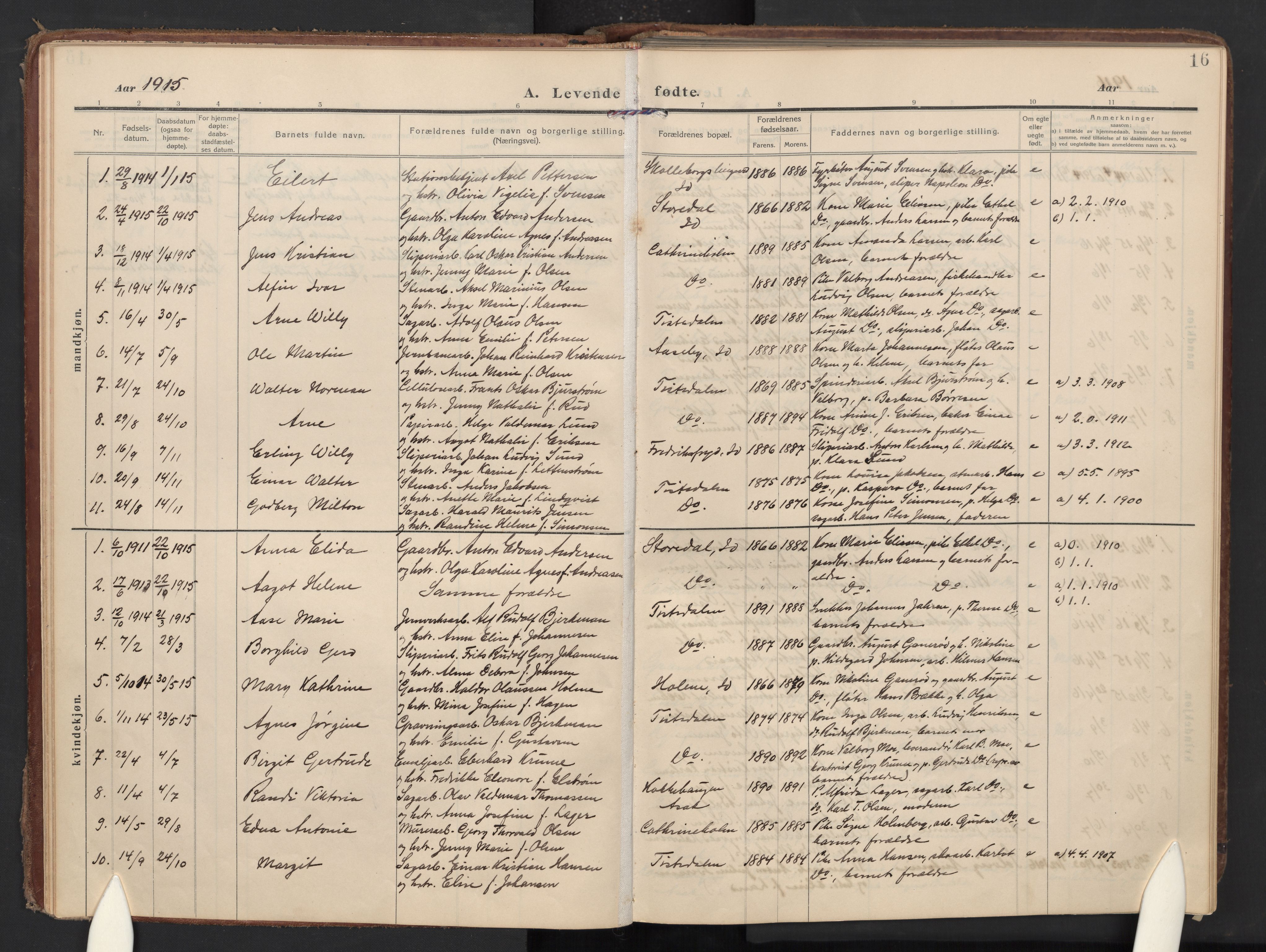 Halden prestekontor Kirkebøker, AV/SAO-A-10909/F/Fc/L0002: Parish register (official) no. III 2, 1909-1945, p. 16