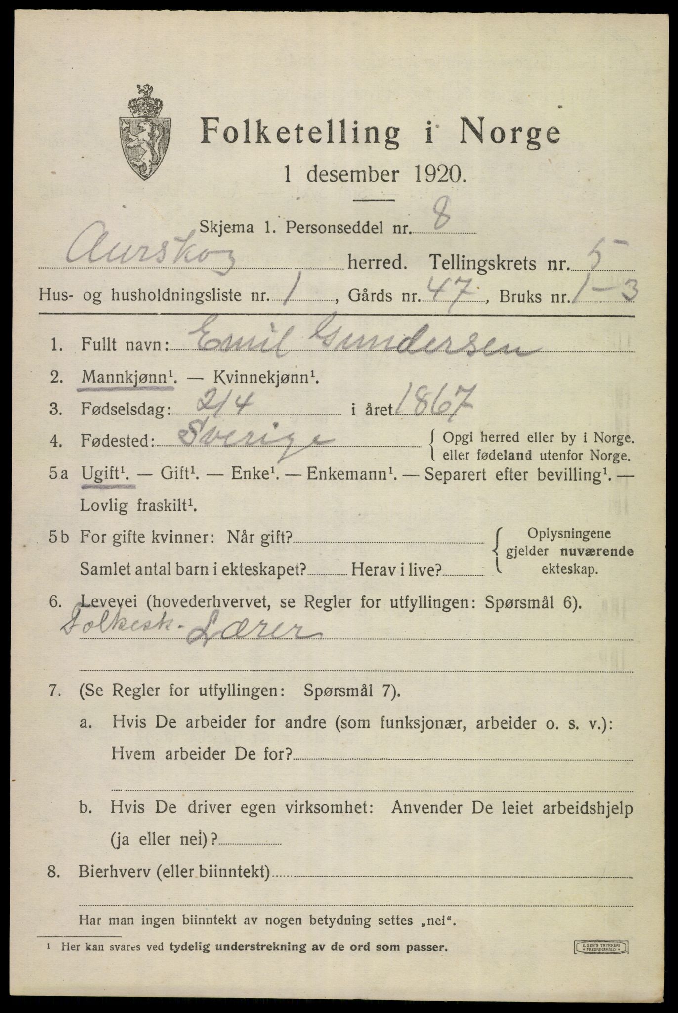 SAO, 1920 census for Aurskog, 1920, p. 6536