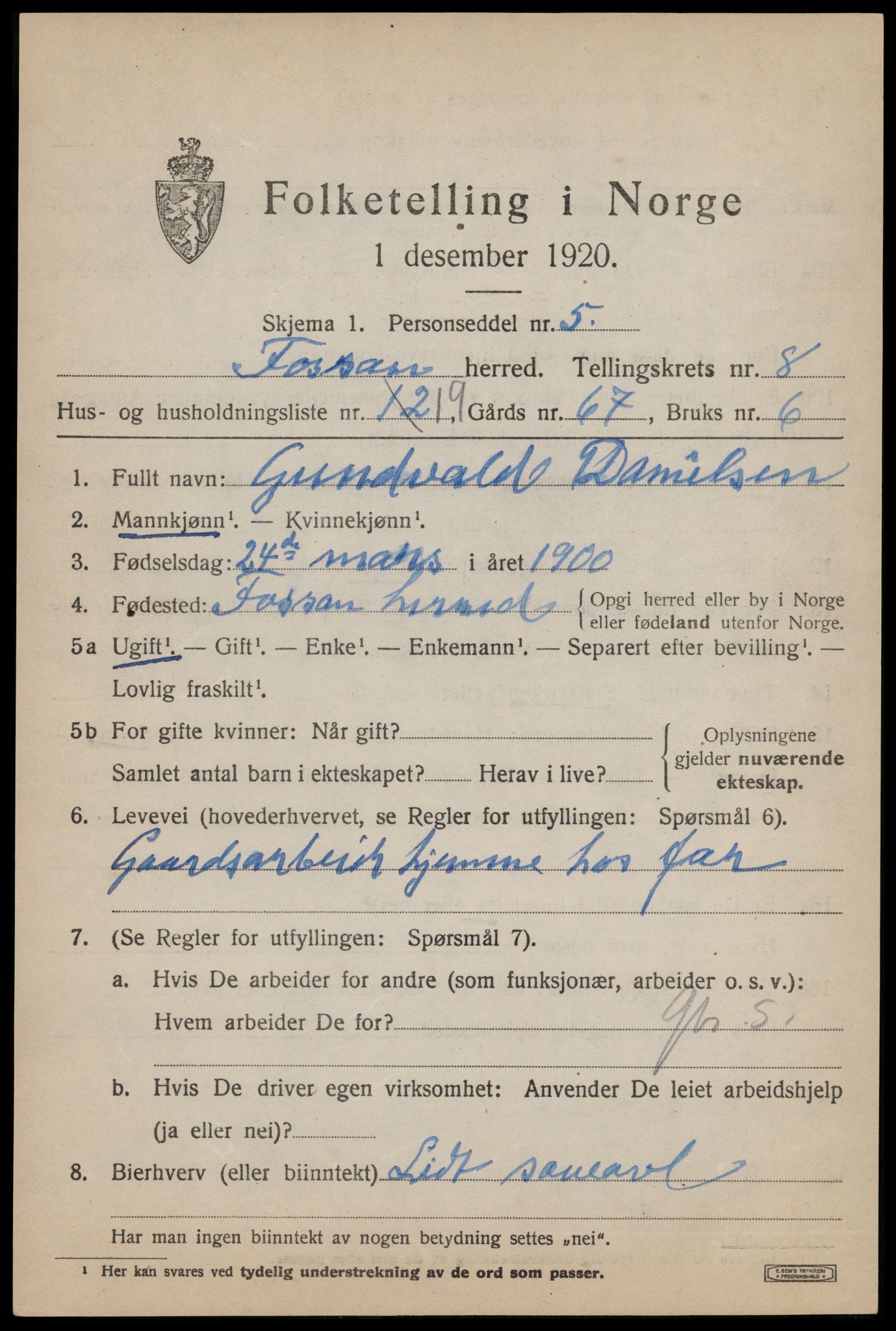 SAST, 1920 census for Forsand, 1920, p. 3965