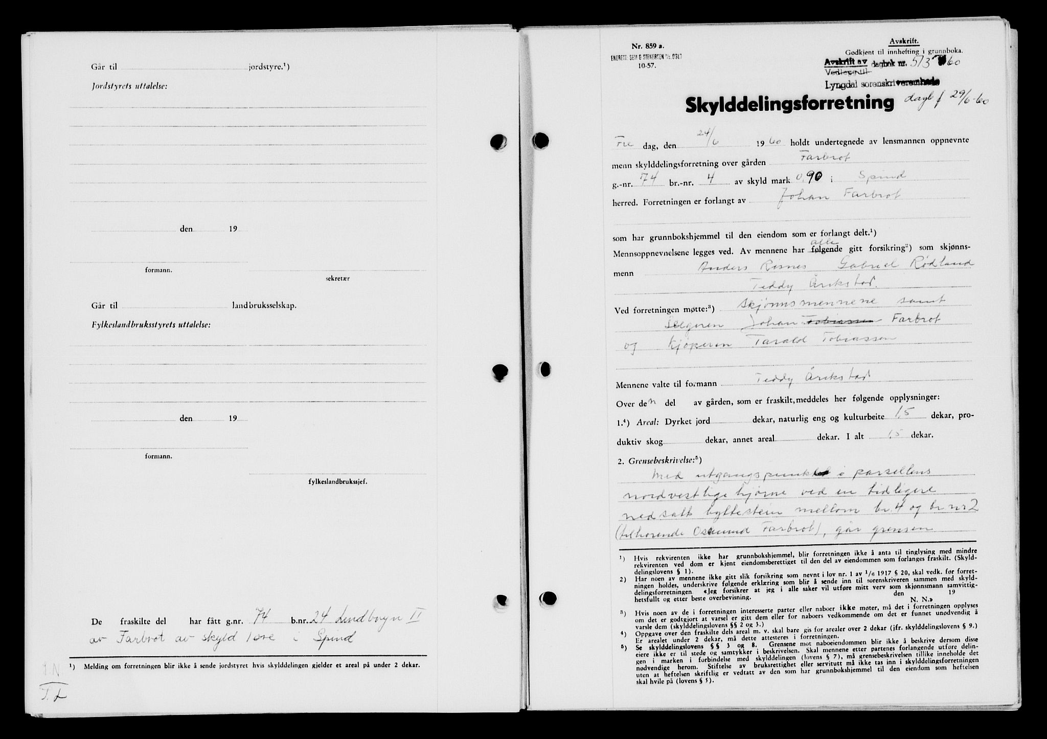 Lyngdal sorenskriveri, AV/SAK-1221-0004/G/Gb/L0680: Mortgage book no. A XXVI, 1960-1960, Diary no: : 513/1960