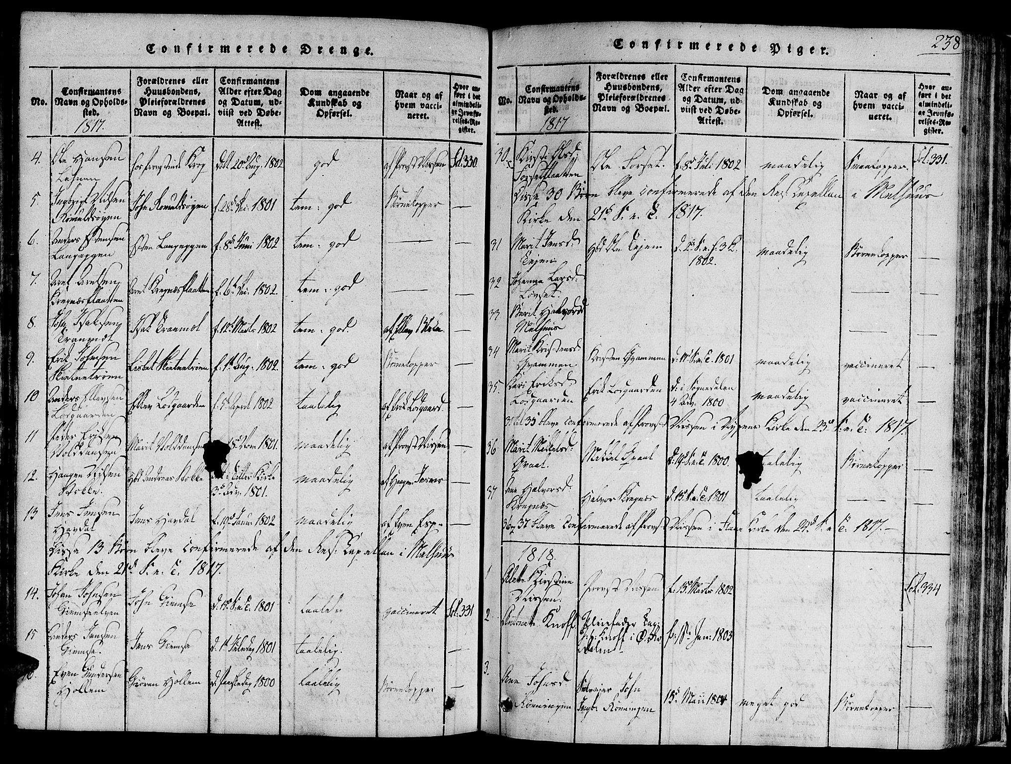 Ministerialprotokoller, klokkerbøker og fødselsregistre - Sør-Trøndelag, SAT/A-1456/691/L1065: Parish register (official) no. 691A03 /1, 1816-1826, p. 238