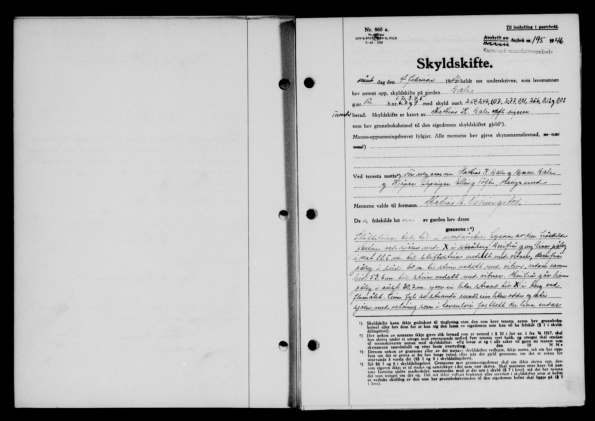 Karmsund sorenskriveri, AV/SAST-A-100311/01/II/IIB/L0085: Mortgage book no. 66A, 1946-1946, Diary no: : 195/1946