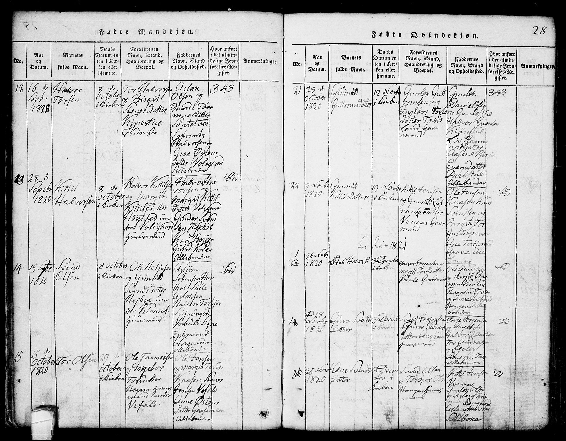 Seljord kirkebøker, AV/SAKO-A-20/G/Ga/L0001: Parish register (copy) no. I 1, 1815-1854, p. 28