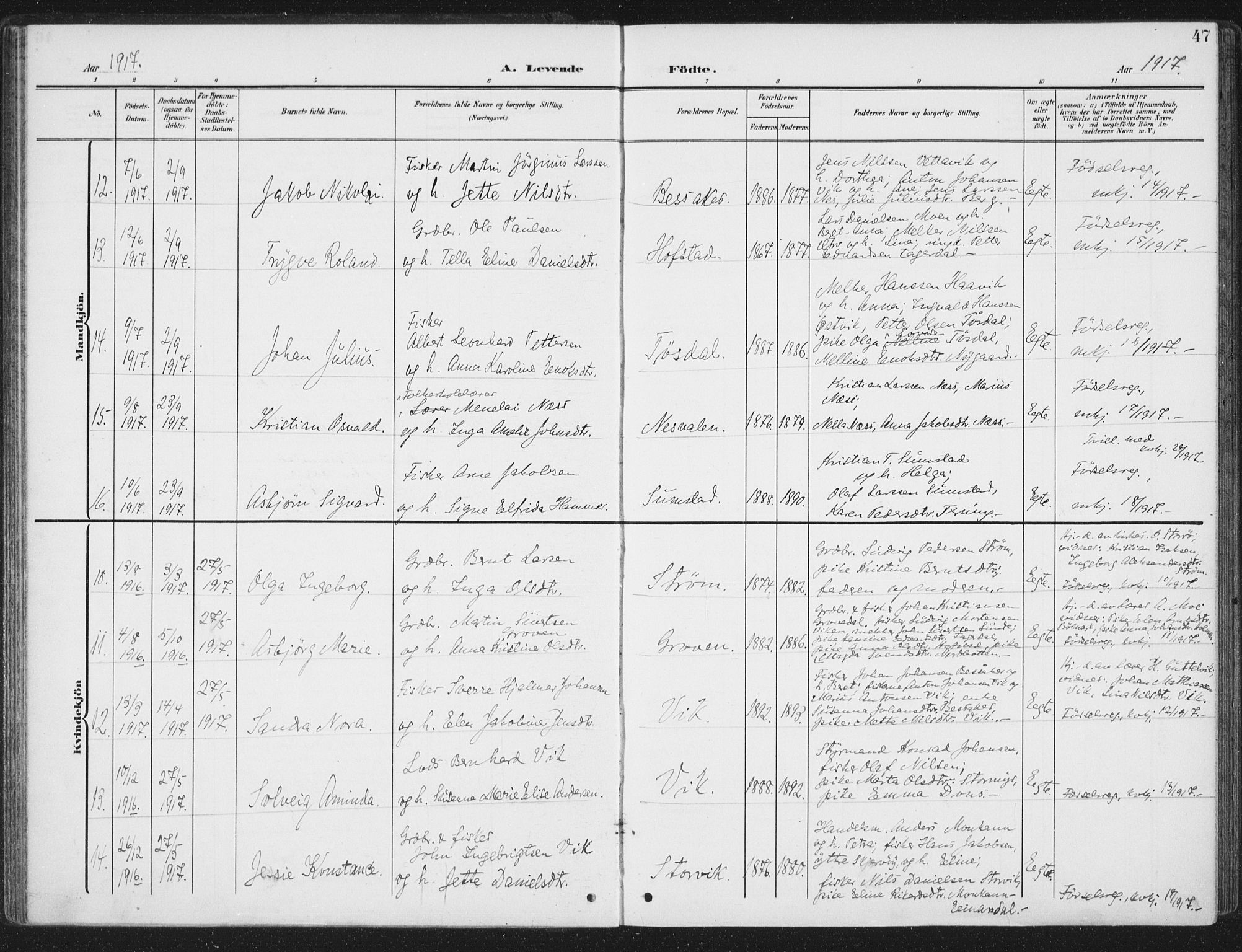 Ministerialprotokoller, klokkerbøker og fødselsregistre - Sør-Trøndelag, SAT/A-1456/657/L0709: Parish register (official) no. 657A10, 1905-1919, p. 47