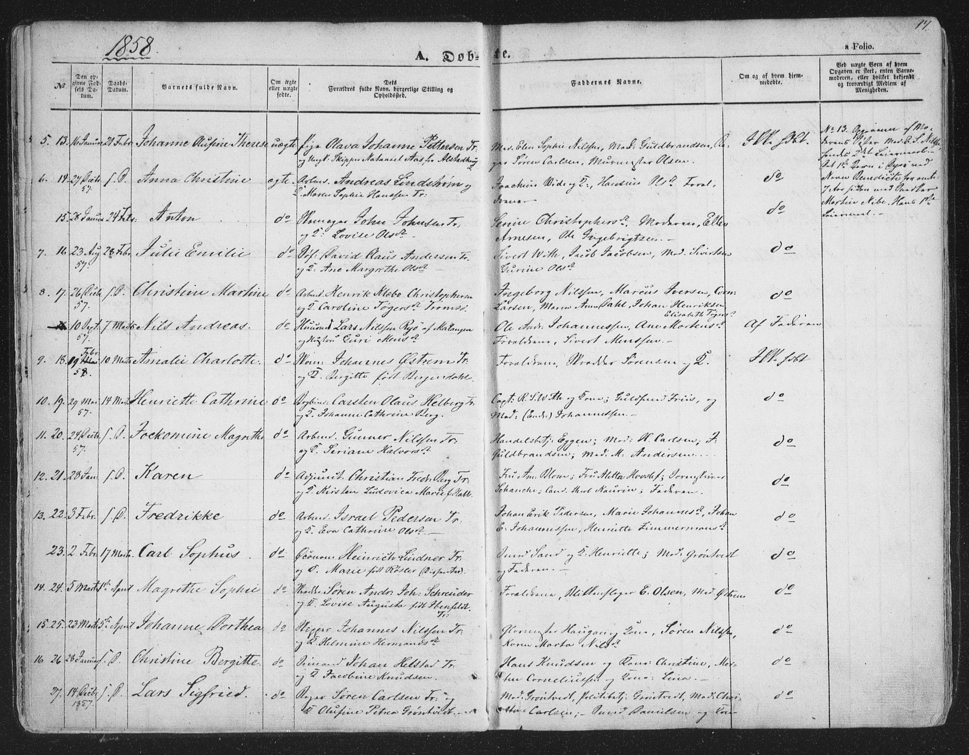 Tromsø sokneprestkontor/stiftsprosti/domprosti, AV/SATØ-S-1343/G/Ga/L0011kirke: Parish register (official) no. 11, 1856-1865, p. 17