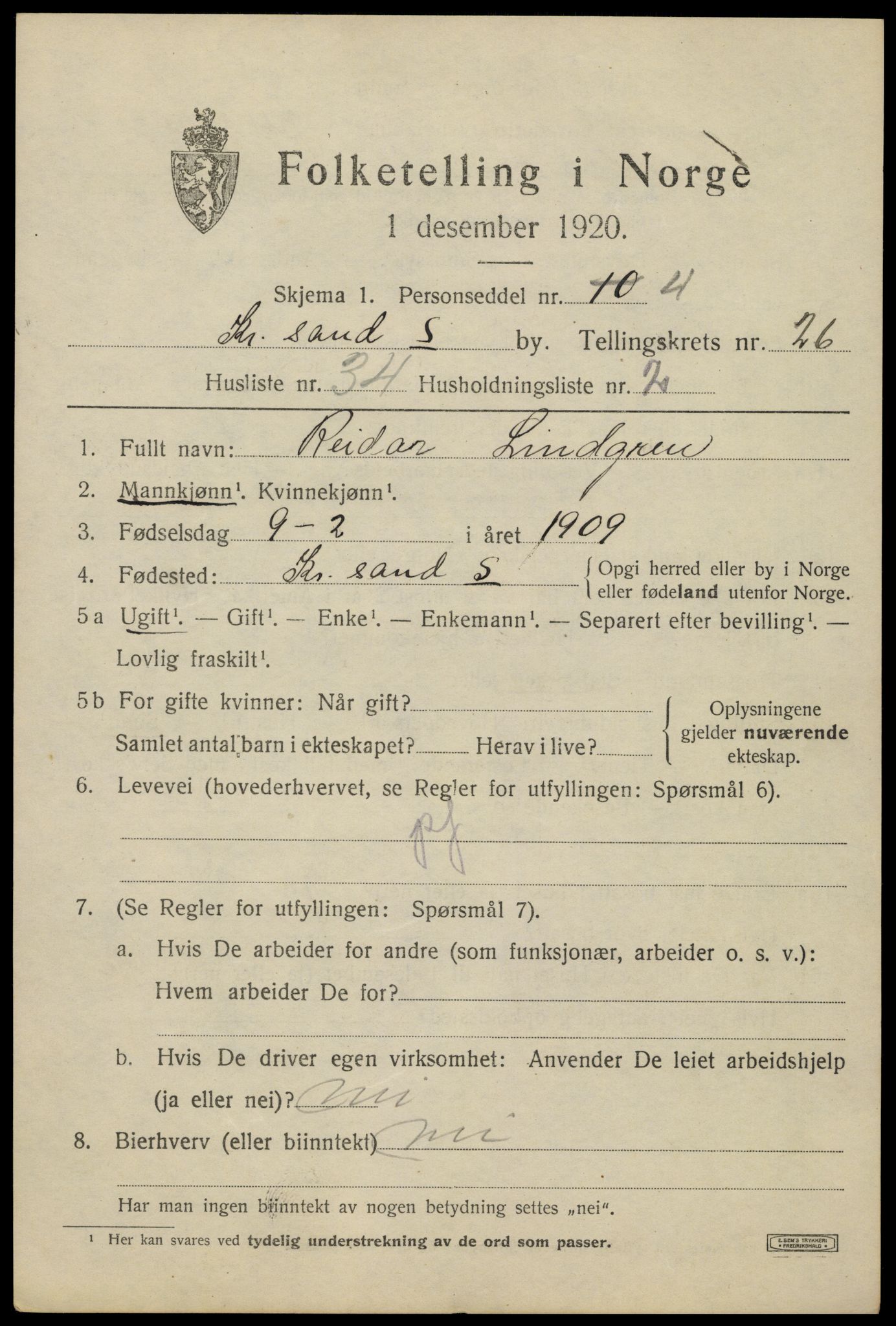 SAK, 1920 census for Kristiansand, 1920, p. 45403