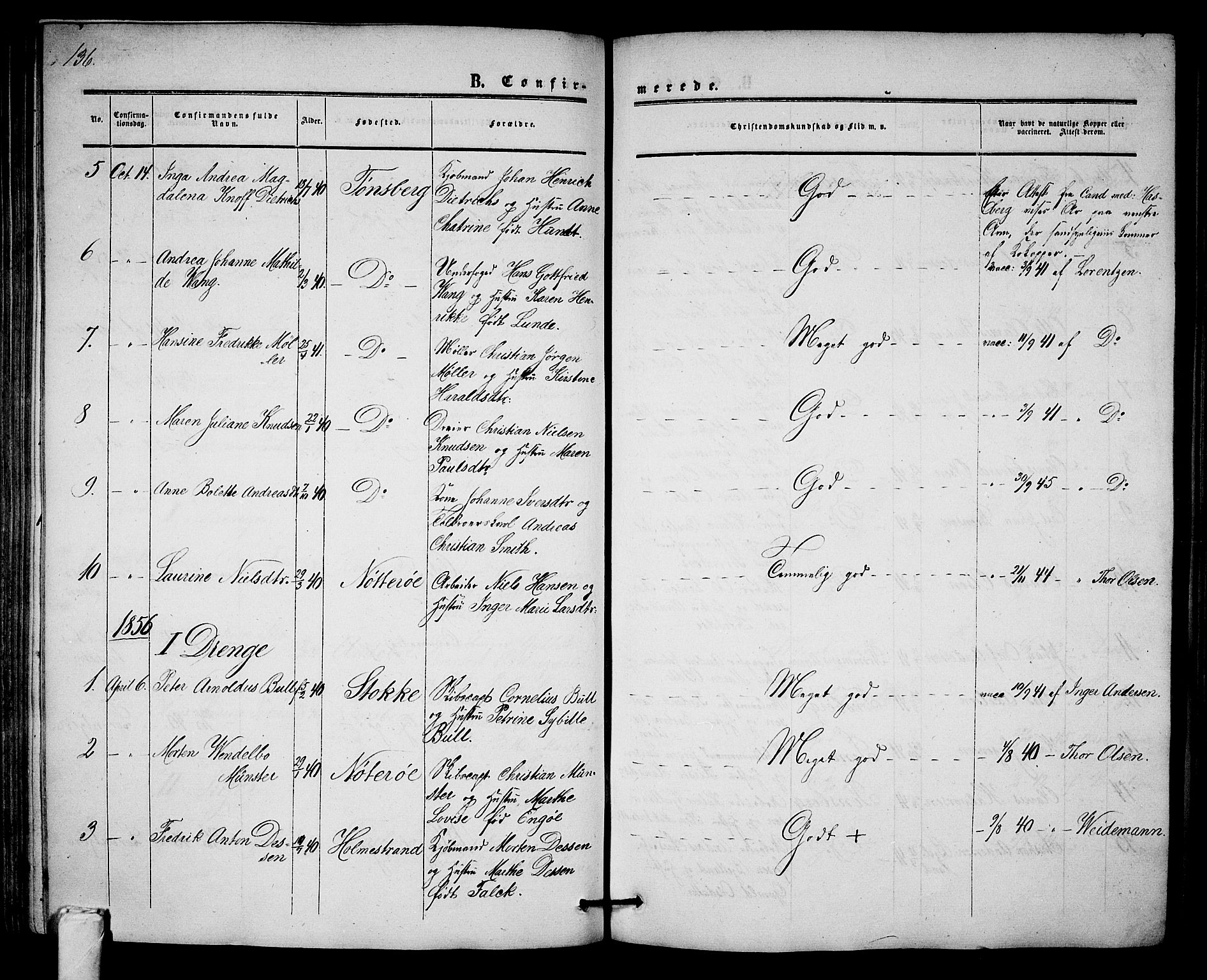 Tønsberg kirkebøker, SAKO/A-330/G/Ga/L0003: Parish register (copy) no. 3, 1855-1864, p. 136