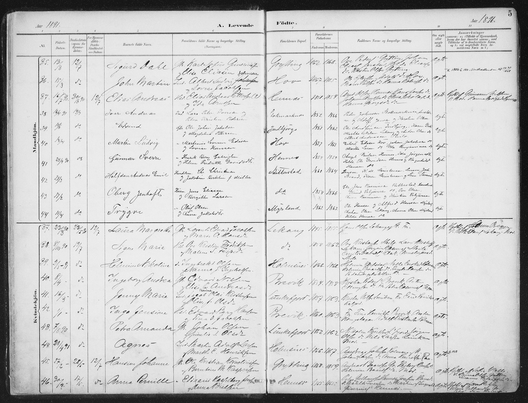 Ministerialprotokoller, klokkerbøker og fødselsregistre - Nordland, AV/SAT-A-1459/888/L1246: Parish register (official) no. 888A12, 1891-1903, p. 5