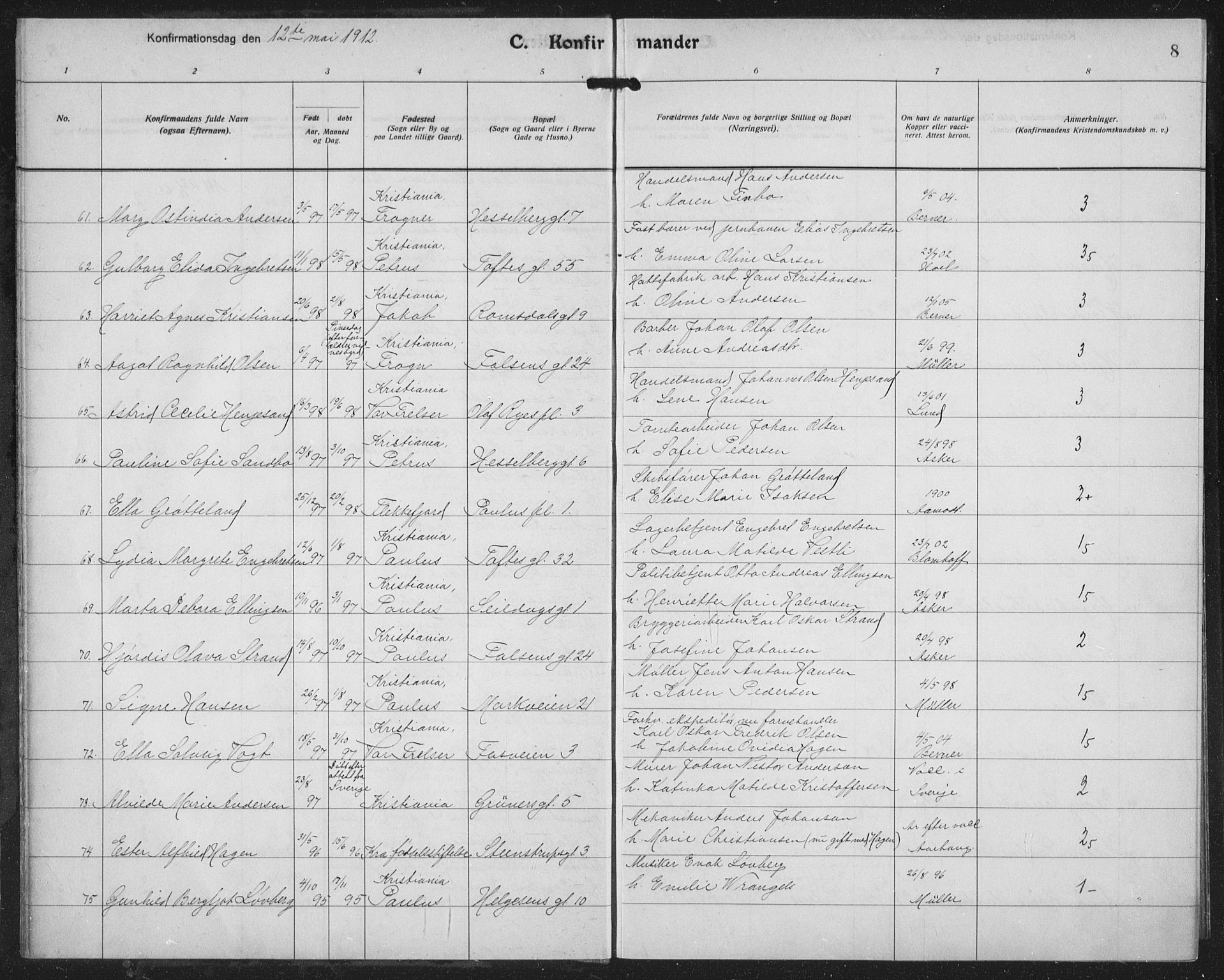 Paulus prestekontor Kirkebøker, AV/SAO-A-10871/F/Fa/L0022: Parish register (official) no. 22, 1912-1920, p. 8