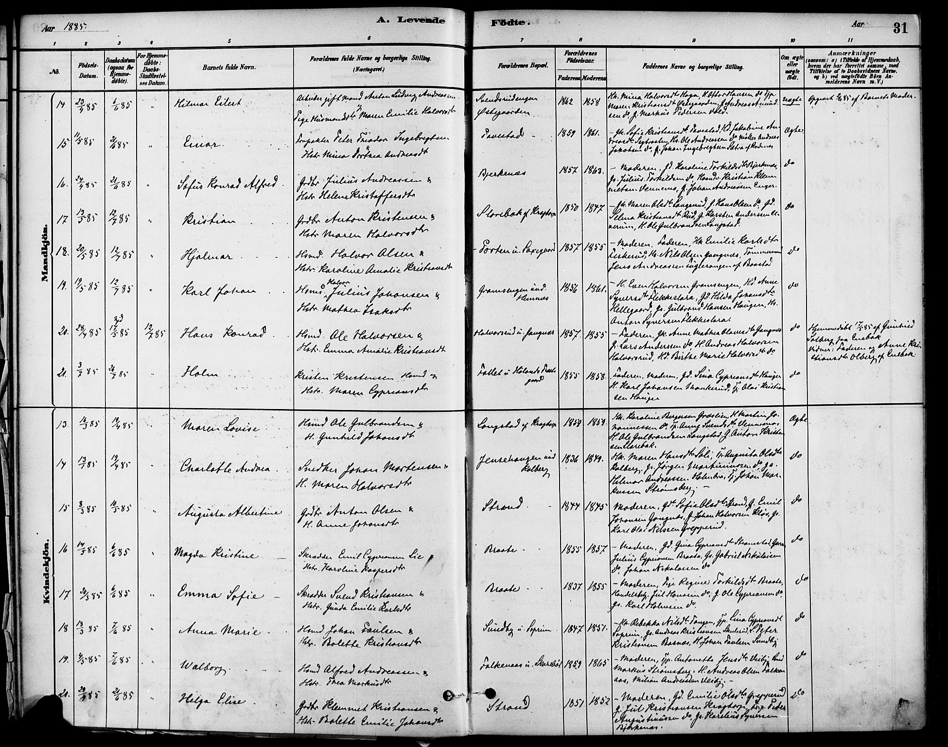 Høland prestekontor Kirkebøker, AV/SAO-A-10346a/F/Fb/L0001: Parish register (official) no. II 1, 1880-1897, p. 31