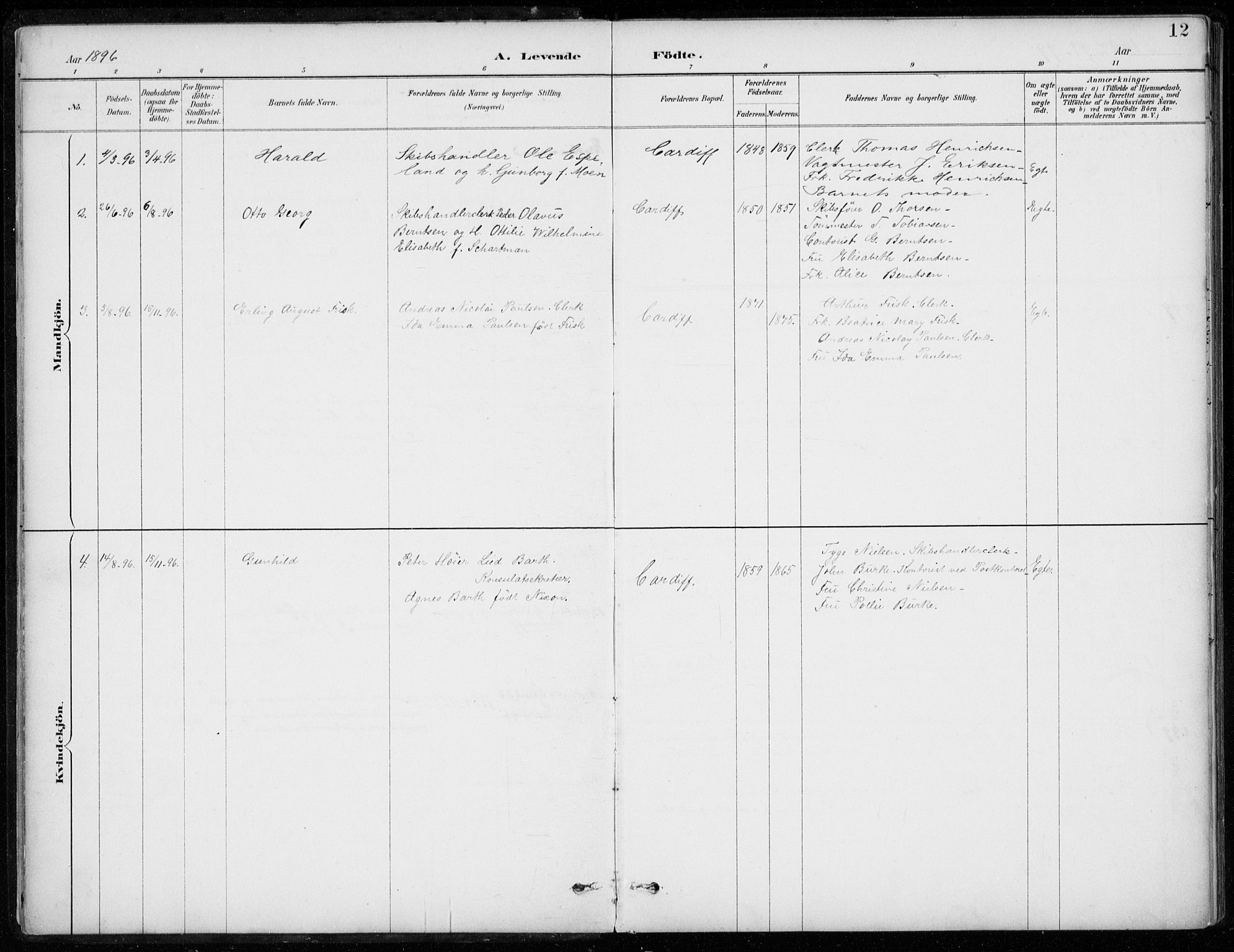 Den norske sjømannsmisjon i utlandet/Bristolhavnene(Cardiff-Swansea), SAB/SAB/PA-0102/H/Ha/Haa/L0002: Parish register (official) no. A 2, 1887-1932, p. 12