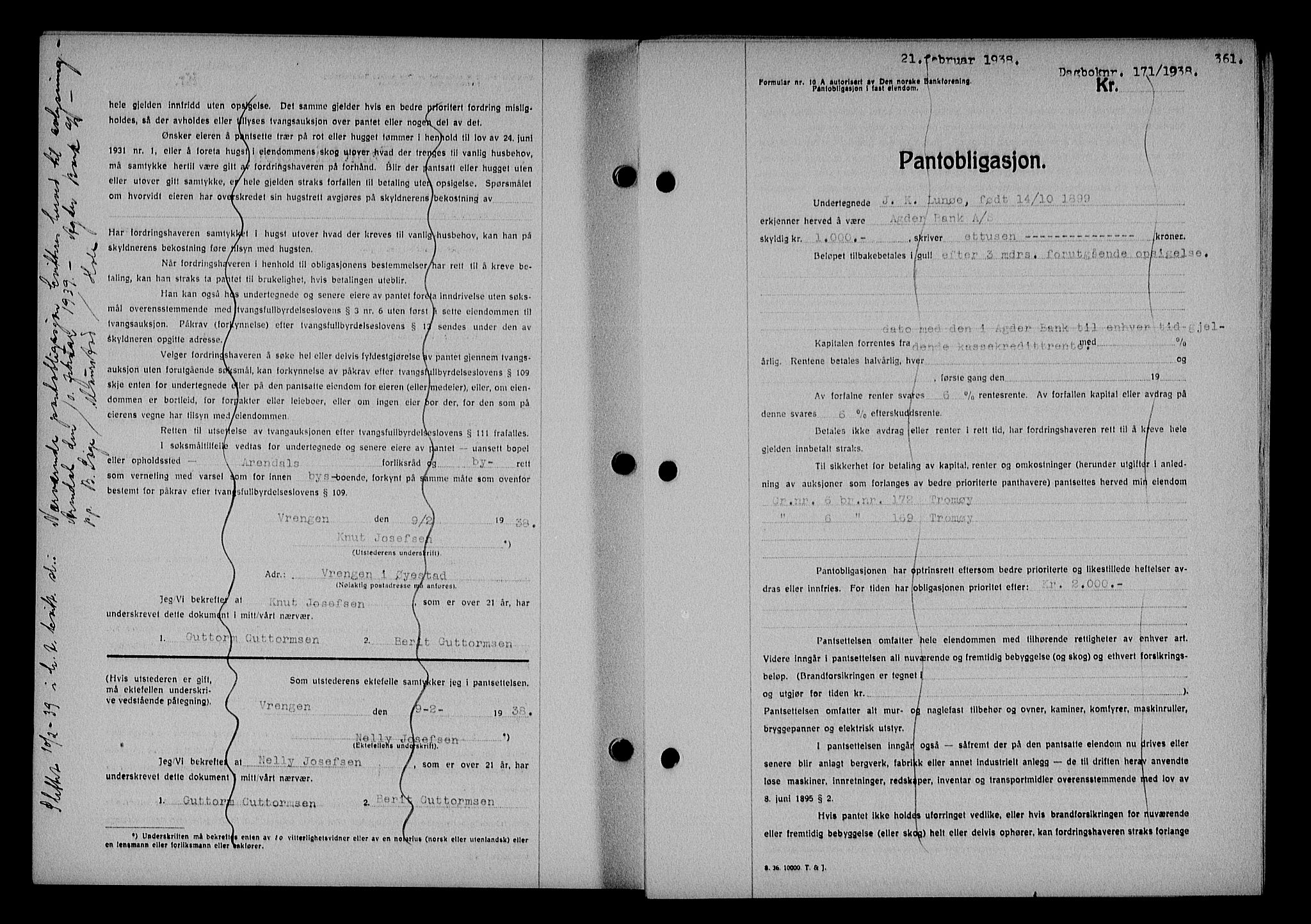Nedenes sorenskriveri, SAK/1221-0006/G/Gb/Gba/L0044: Mortgage book no. 40, 1937-1938, Diary no: : 171/1938