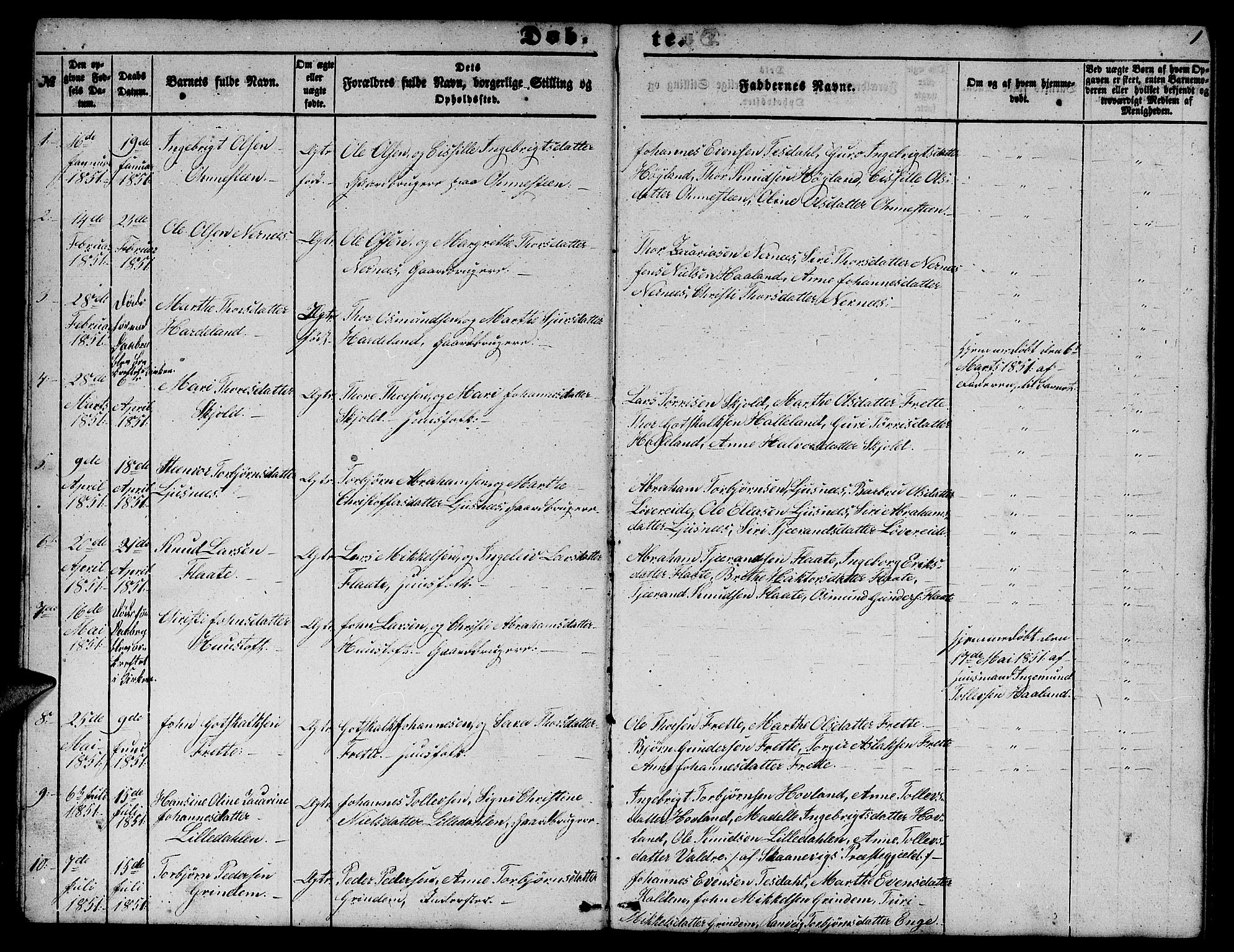 Etne sokneprestembete, SAB/A-75001/H/Hab: Parish register (copy) no. C 2, 1851-1865, p. 1