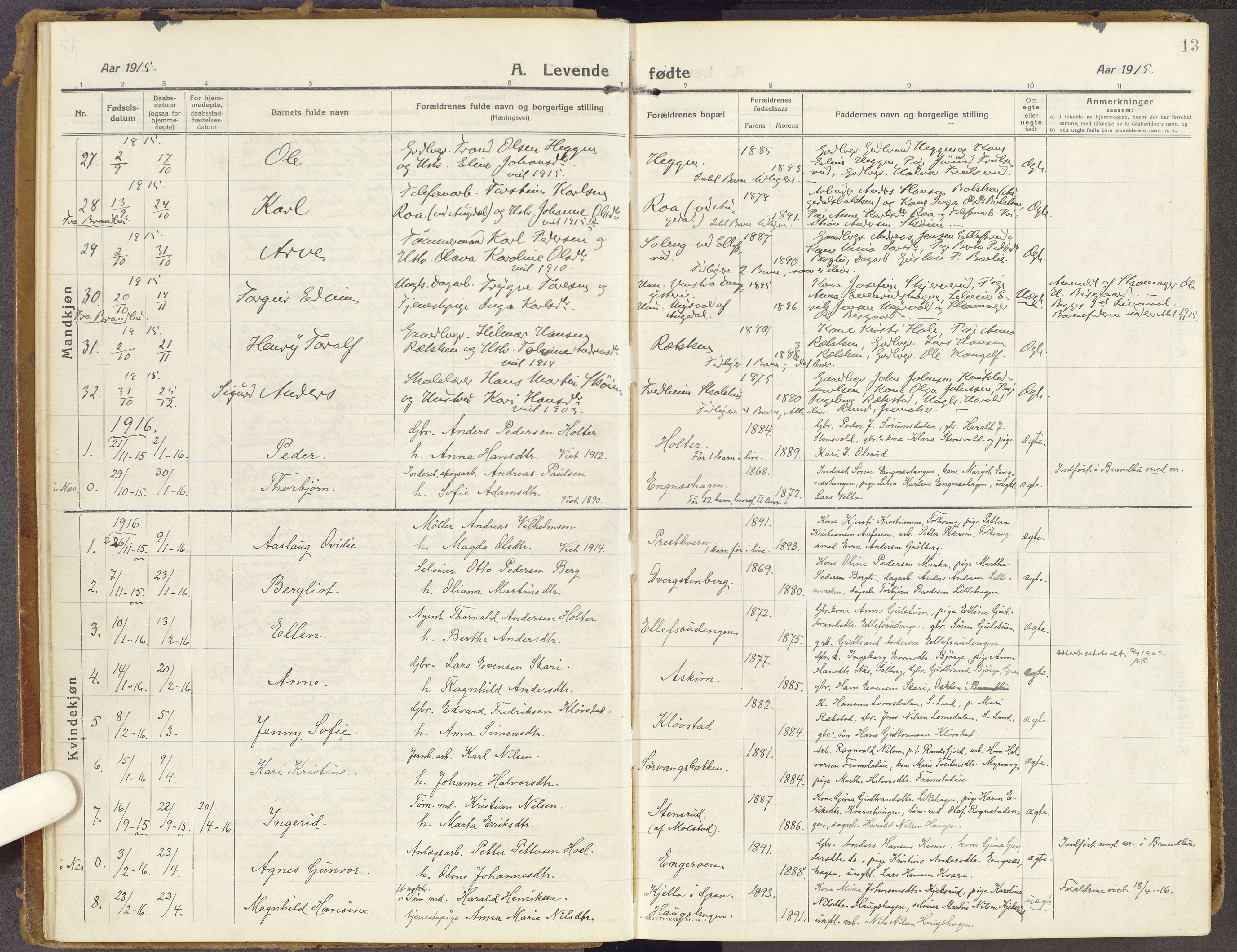 Brandbu prestekontor, SAH/PREST-114/H/Ha/Haa/L0003: Parish register (official) no. 3, 1914-1928, p. 13