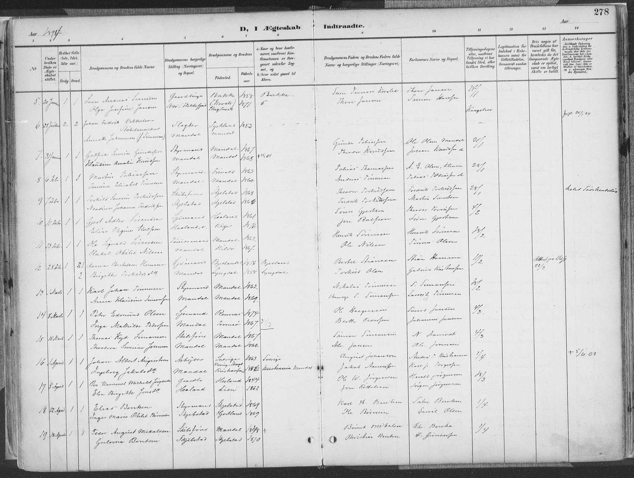 Mandal sokneprestkontor, SAK/1111-0030/F/Fa/Faa/L0018: Parish register (official) no. A 18, 1890-1905, p. 278
