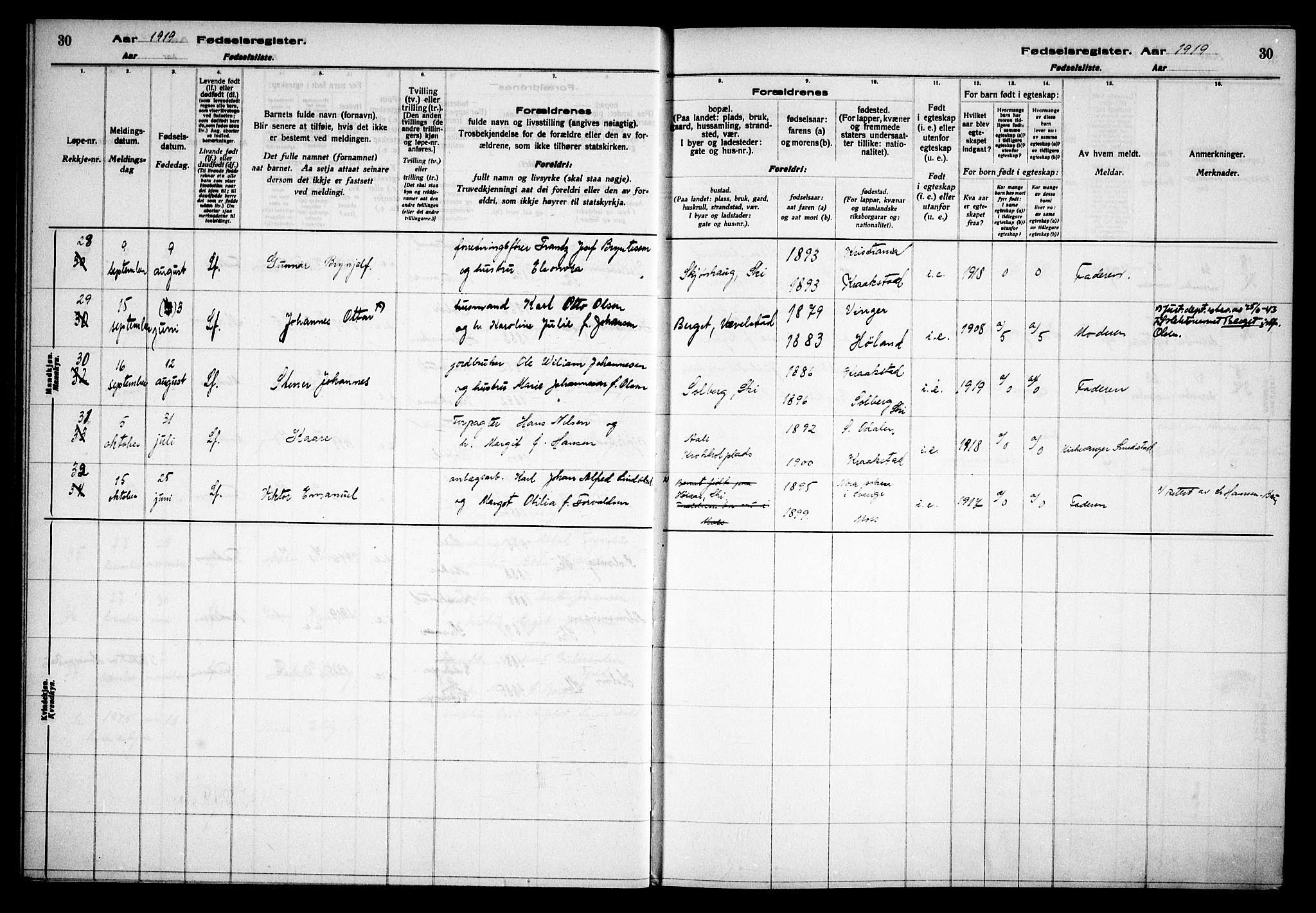 Kråkstad prestekontor Kirkebøker, AV/SAO-A-10125a/J/Jb/L0001: Birth register no. II 1, 1916-1936, p. 30