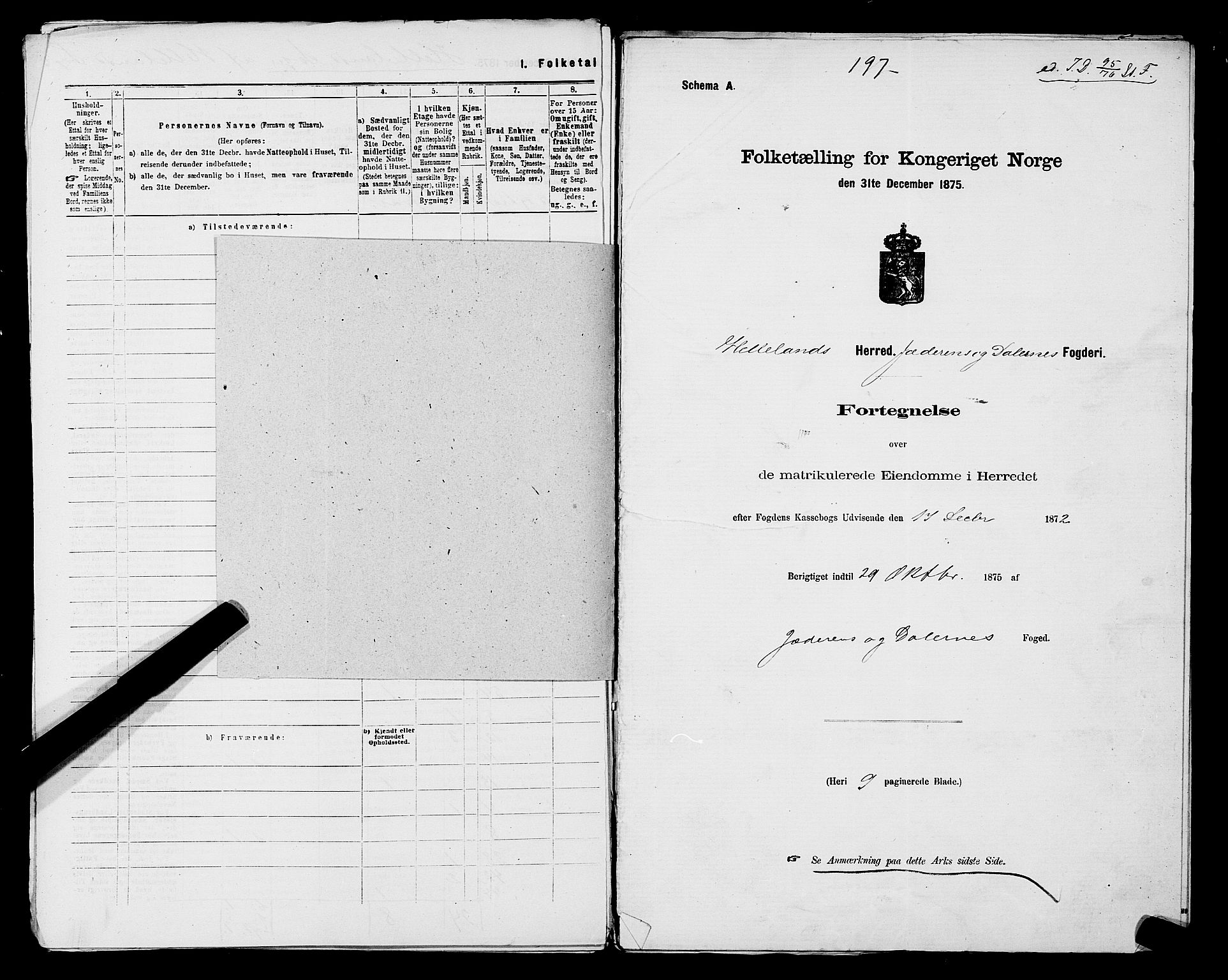 SAST, 1875 census for 1115P Helleland, 1875, p. 16