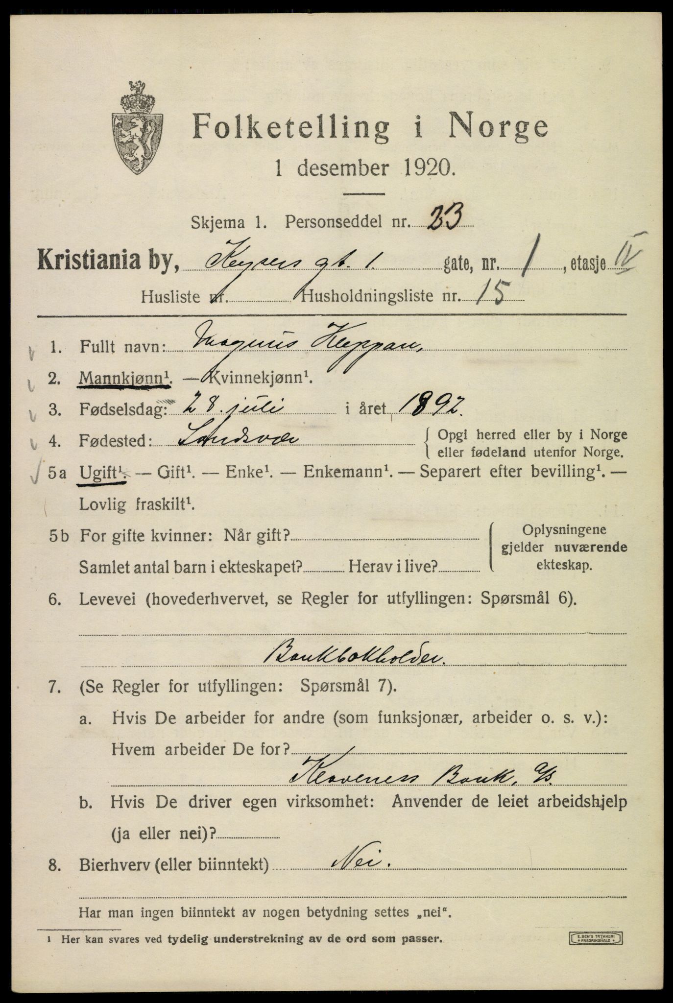 SAO, 1920 census for Kristiania, 1920, p. 331499