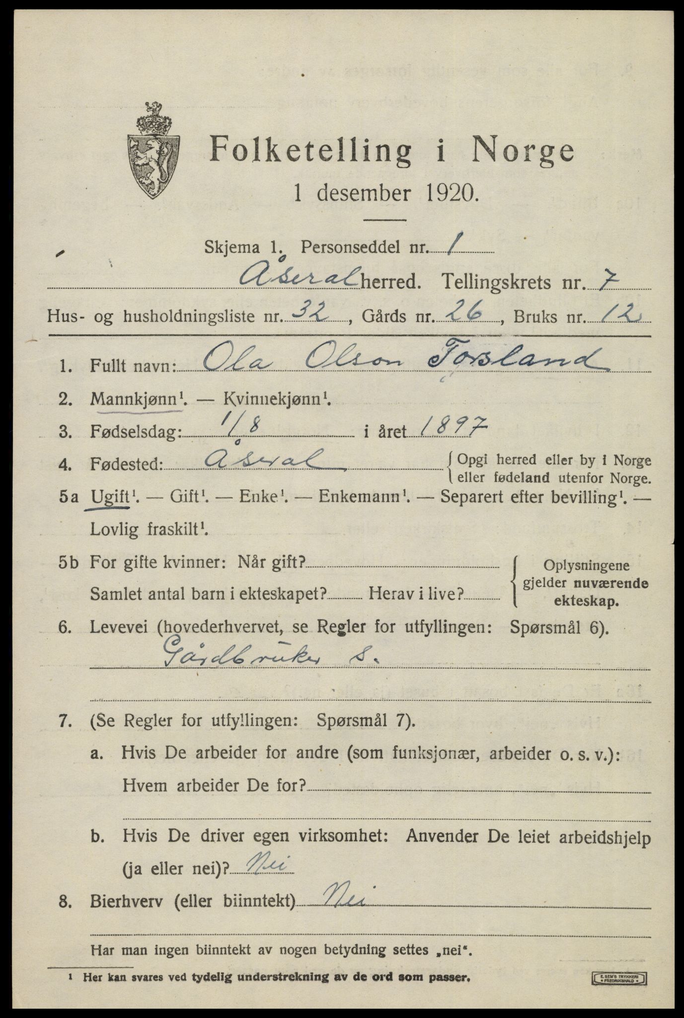 SAK, 1920 census for Åseral, 1920, p. 2424