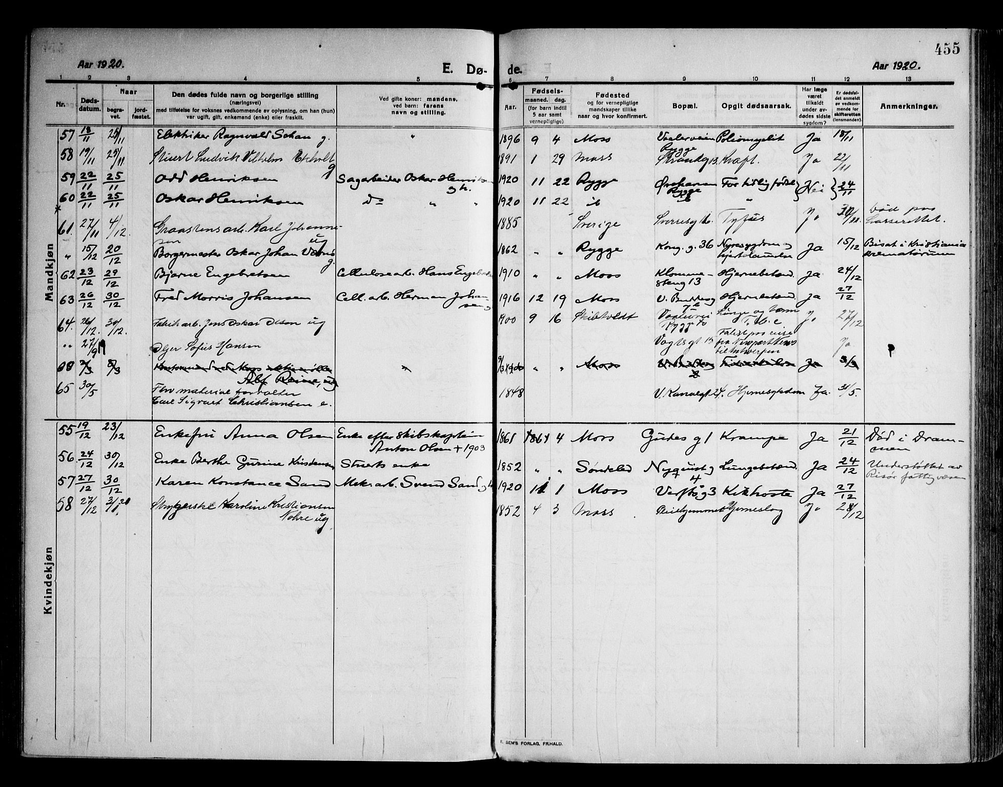 Moss prestekontor Kirkebøker, AV/SAO-A-2003/F/Fb/L0005: Parish register (official) no. II 5, 1913-1923, p. 455