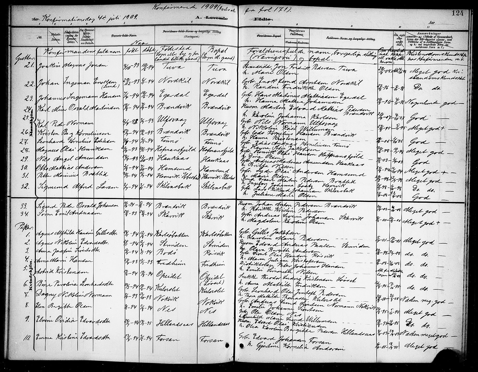 Ministerialprotokoller, klokkerbøker og fødselsregistre - Nordland, SAT/A-1459/859/L0860: Parish register (copy) no. 859C06, 1899-1909, p. 124