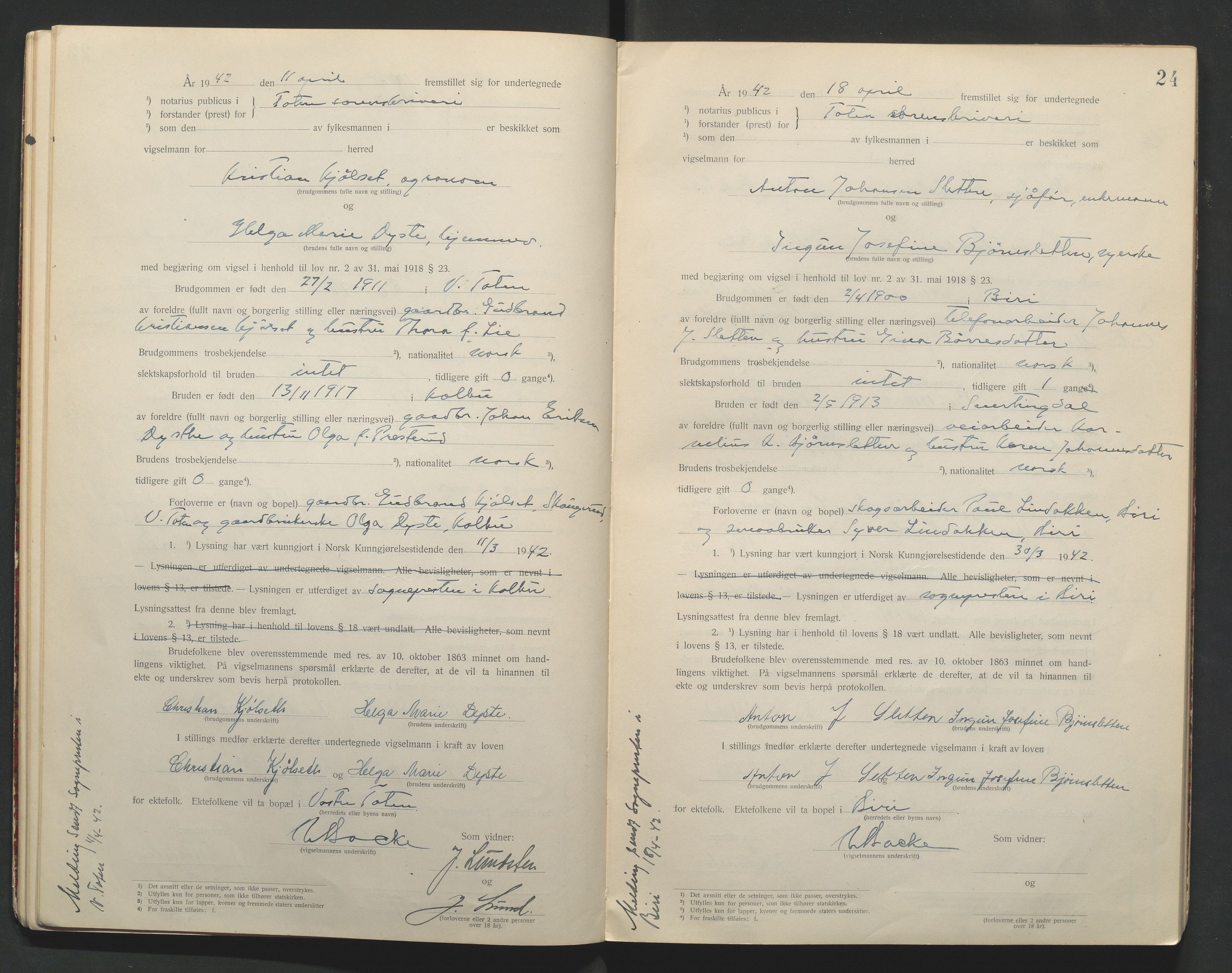 Toten tingrett, AV/SAH-TING-006/L/Lc/L0001: Vigselbok, 1920-1942, p. 24