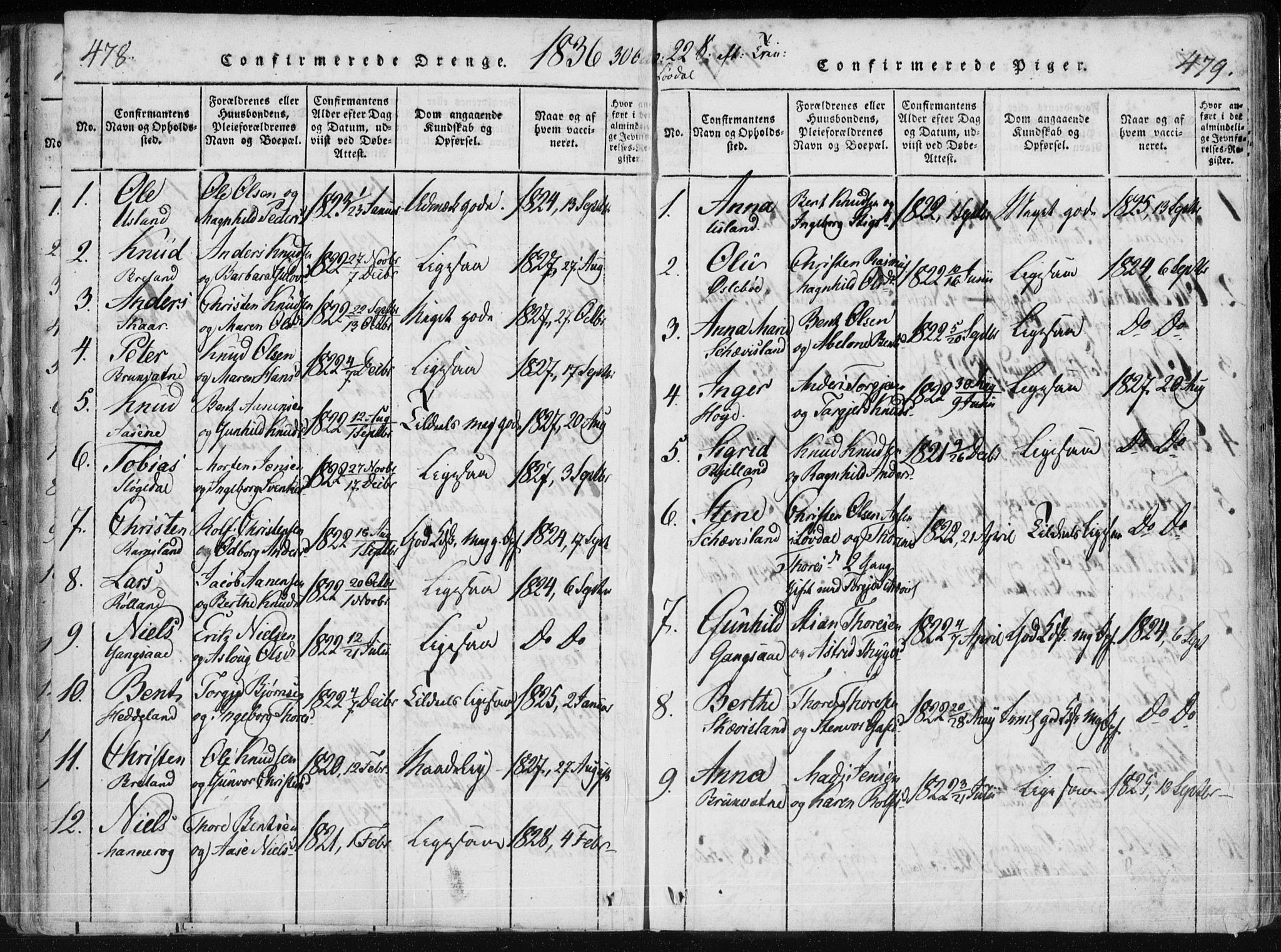 Holum sokneprestkontor, AV/SAK-1111-0022/F/Fa/Fac/L0002: Parish register (official) no. A 2, 1821-1859, p. 478-479