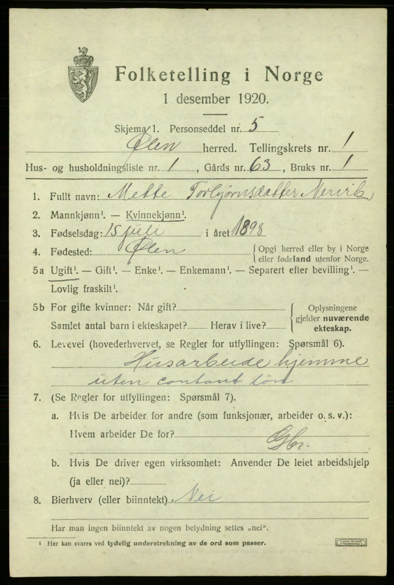 SAB, 1920 census for Ølen, 1920, p. 755