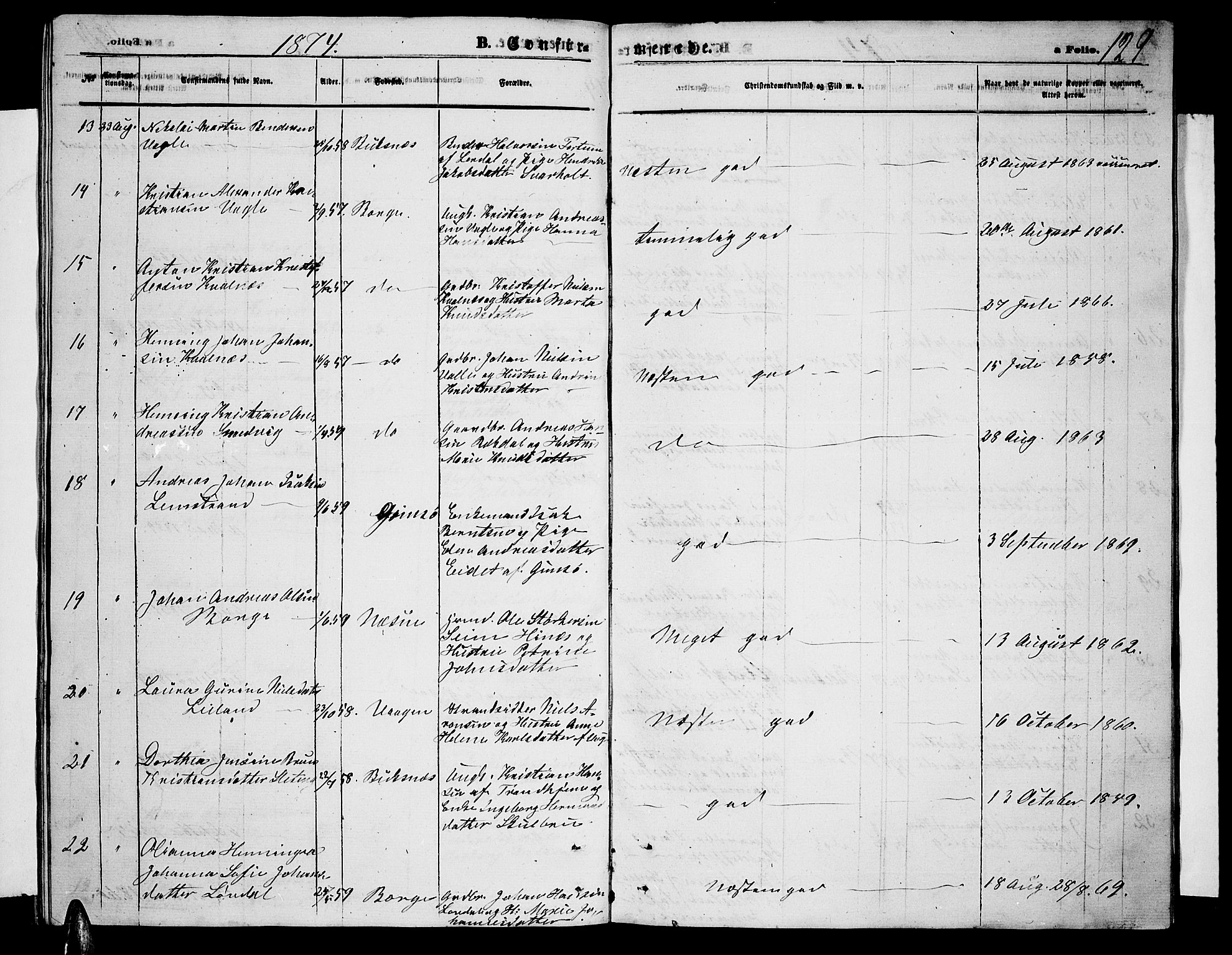 Ministerialprotokoller, klokkerbøker og fødselsregistre - Nordland, AV/SAT-A-1459/880/L1140: Parish register (copy) no. 880C02, 1861-1875, p. 129