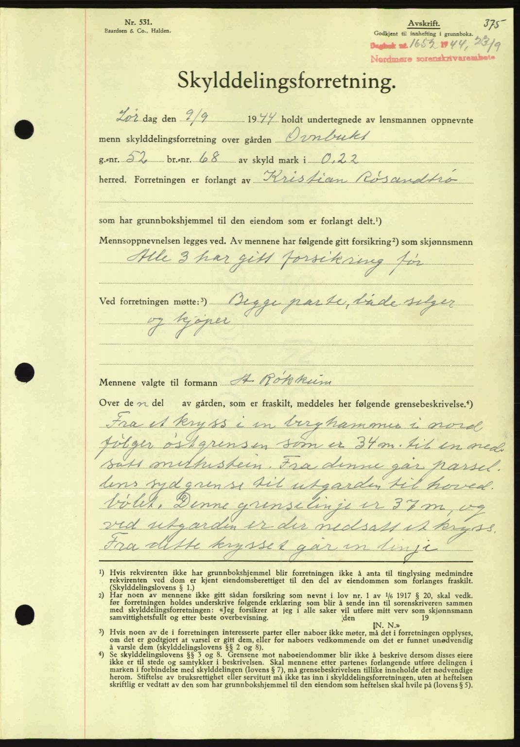 Nordmøre sorenskriveri, AV/SAT-A-4132/1/2/2Ca: Mortgage book no. A98, 1944-1944, Diary no: : 1652/1944