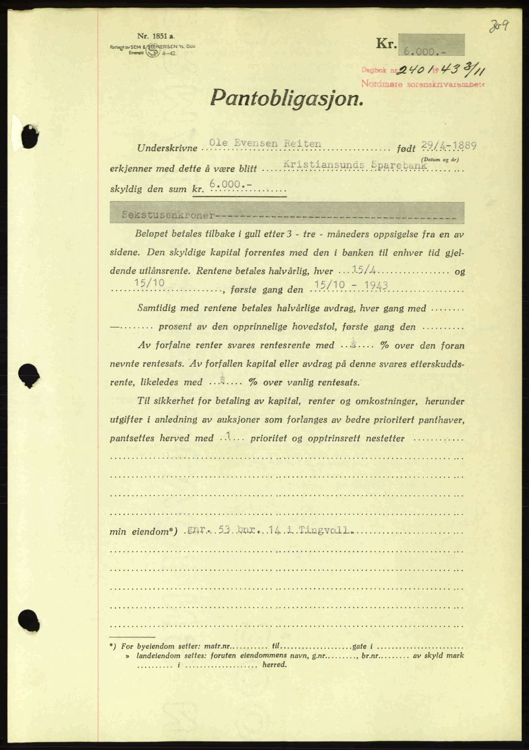 Nordmøre sorenskriveri, AV/SAT-A-4132/1/2/2Ca: Mortgage book no. B91, 1943-1944, Diary no: : 2401/1943