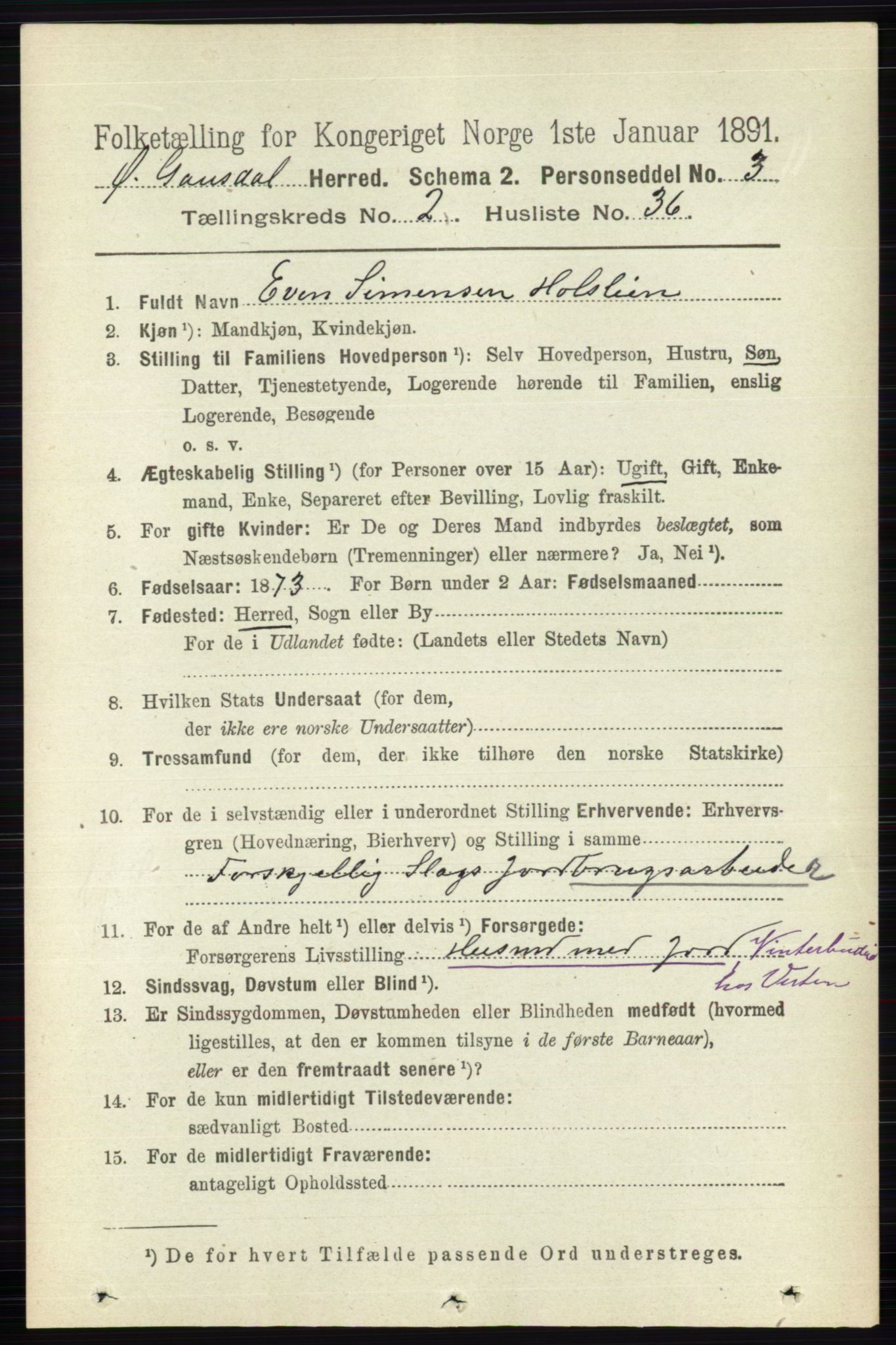 RA, 1891 census for 0522 Østre Gausdal, 1891, p. 1446