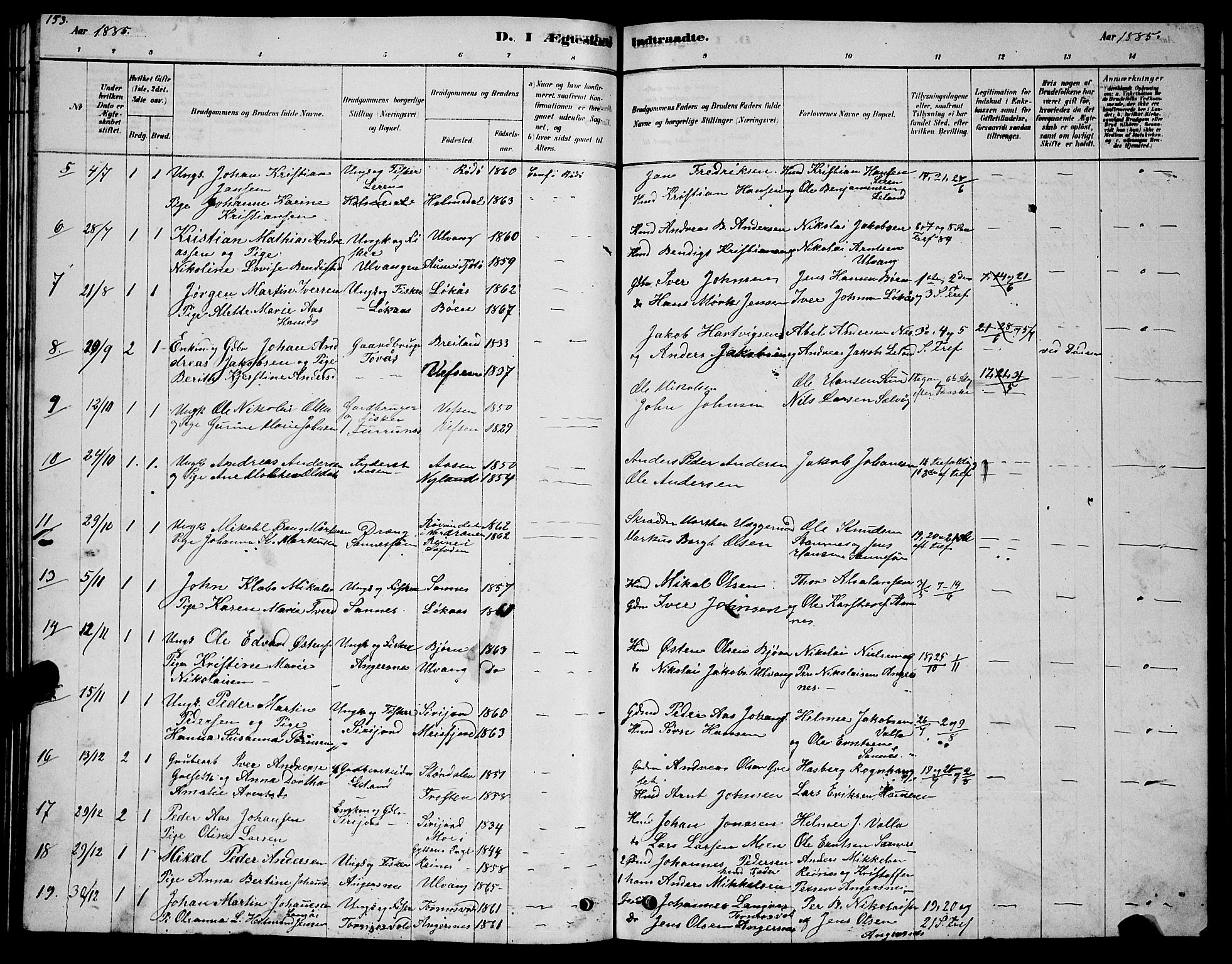 Ministerialprotokoller, klokkerbøker og fødselsregistre - Nordland, SAT/A-1459/831/L0477: Parish register (copy) no. 831C04, 1878-1897, p. 153