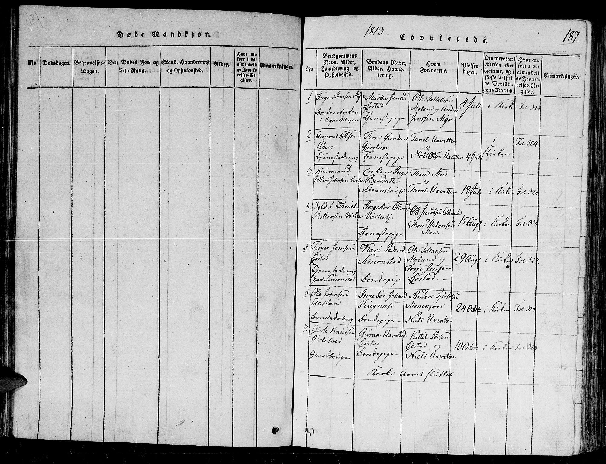 Gjerstad sokneprestkontor, SAK/1111-0014/F/Fb/Fbb/L0001: Parish register (copy) no. B 1, 1813-1863, p. 187