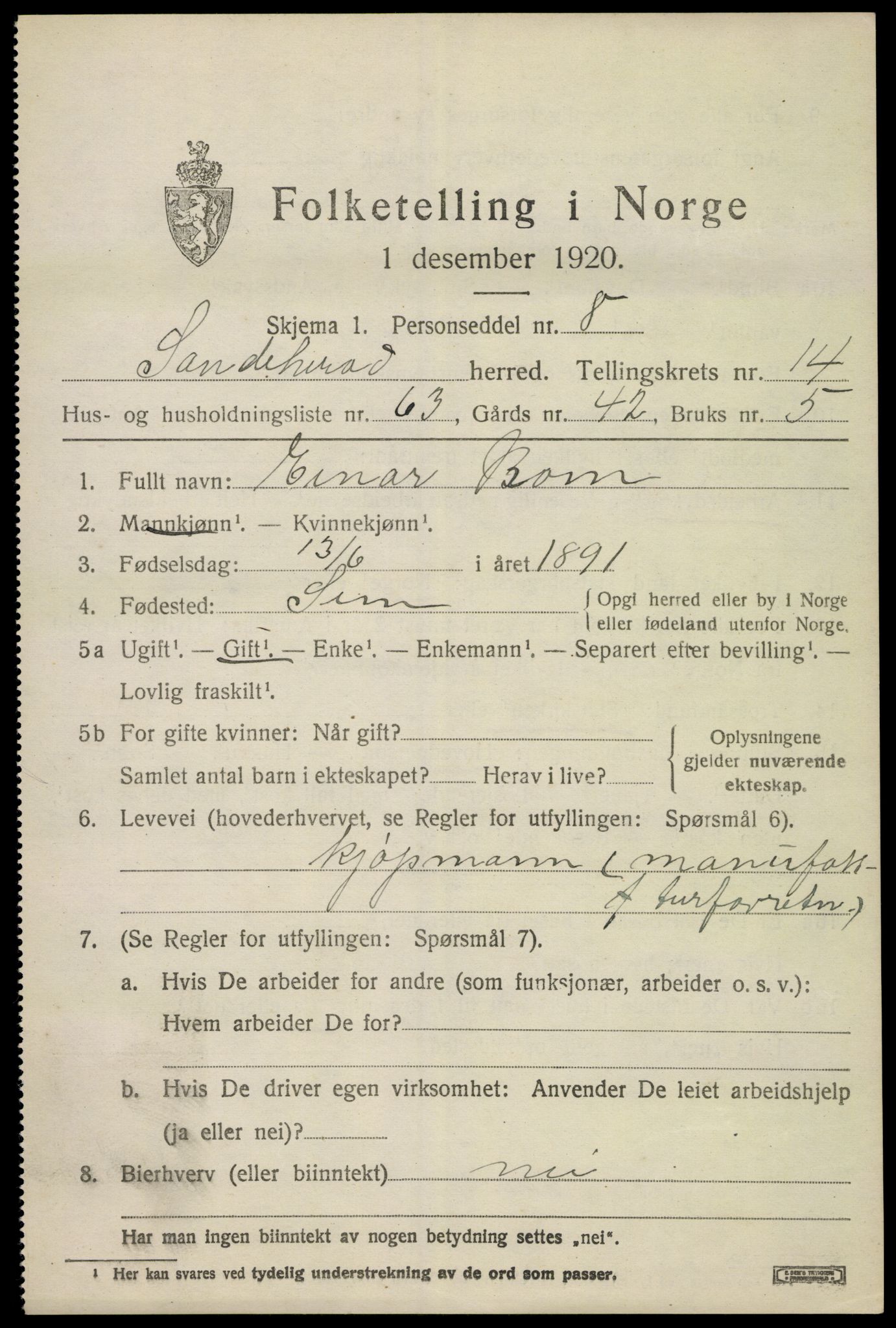 SAKO, 1920 census for Sandeherred, 1920, p. 21130