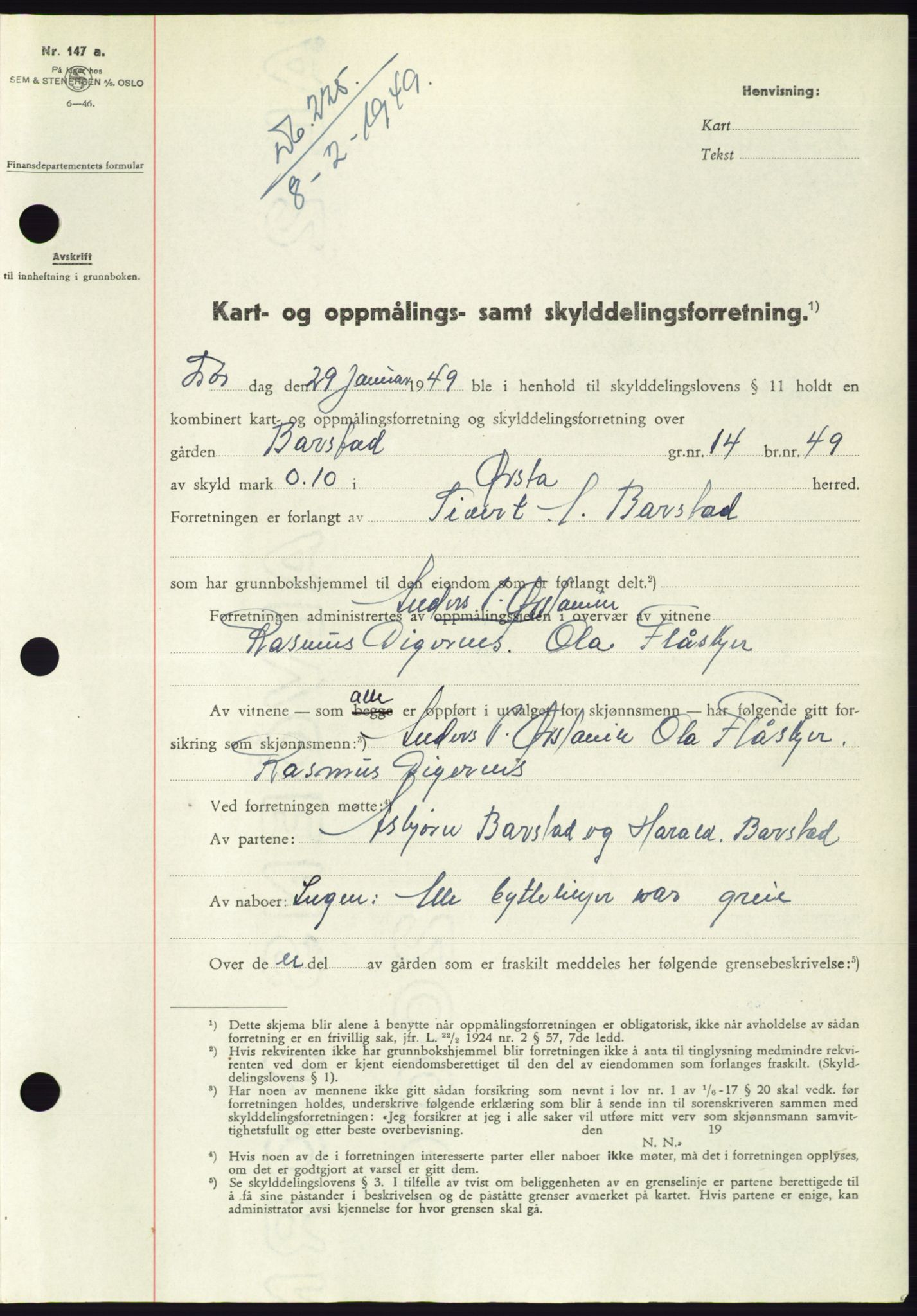 Søre Sunnmøre sorenskriveri, AV/SAT-A-4122/1/2/2C/L0084: Mortgage book no. 10A, 1949-1949, Diary no: : 225/1949