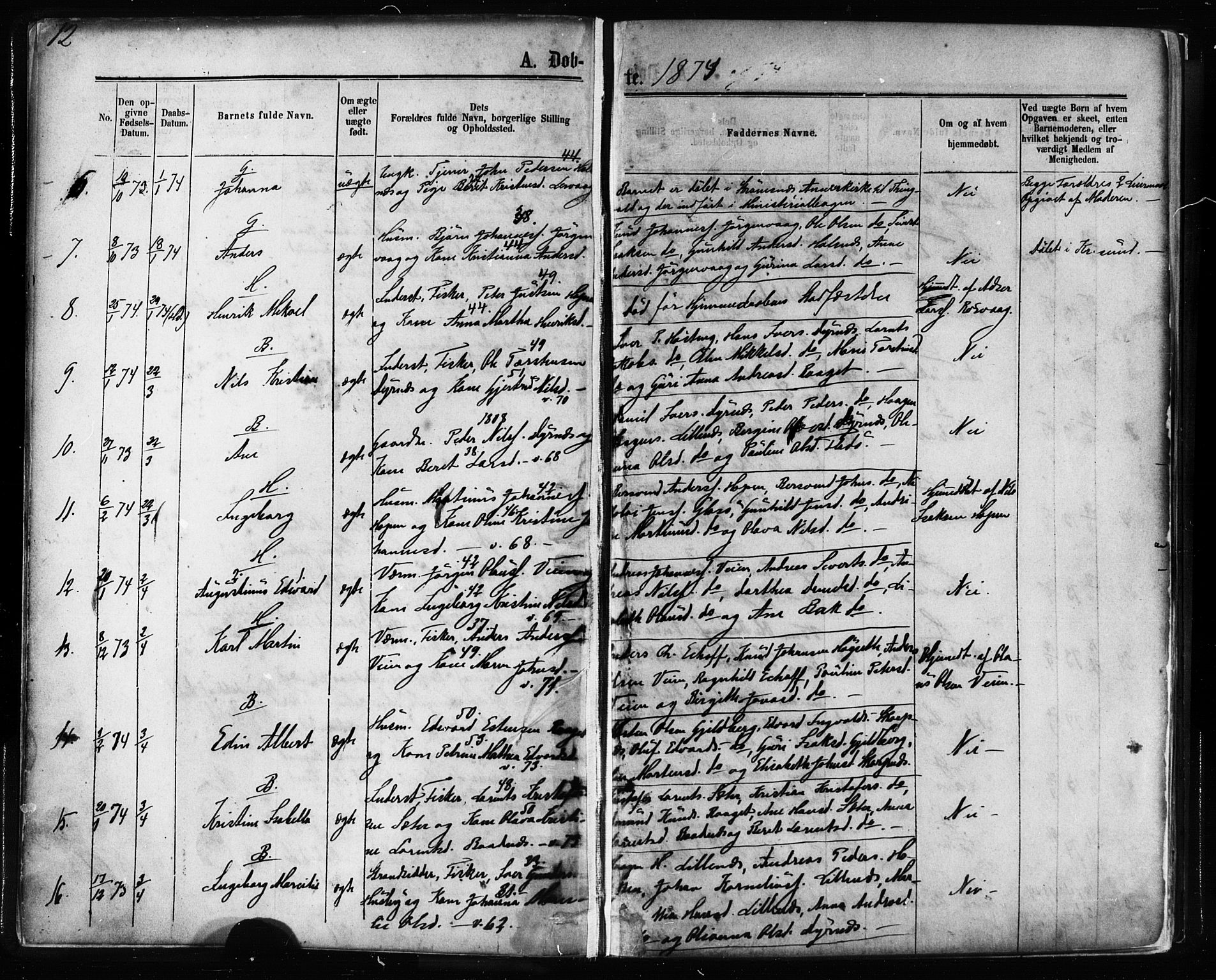 Ministerialprotokoller, klokkerbøker og fødselsregistre - Møre og Romsdal, AV/SAT-A-1454/581/L0938: Parish register (official) no. 581A06, 1873-1879, p. 12